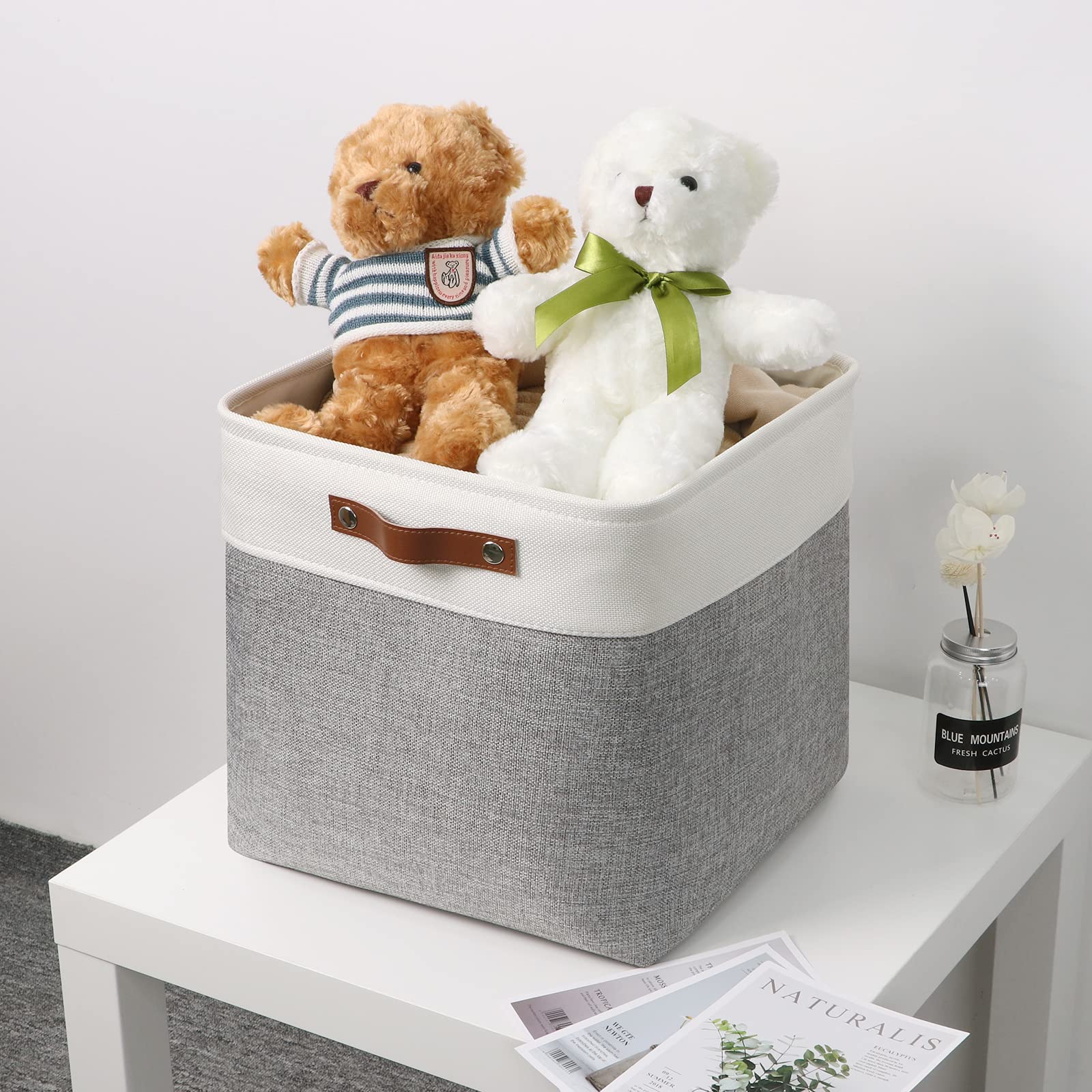 Temary 13 Inch Storage Cubes Baskets Fabric Storage Bins Cube Storage Baskets with PU Leather Handle Clothes Basket for Gift  Large Baskets for Storage Toys  Books  Blankets