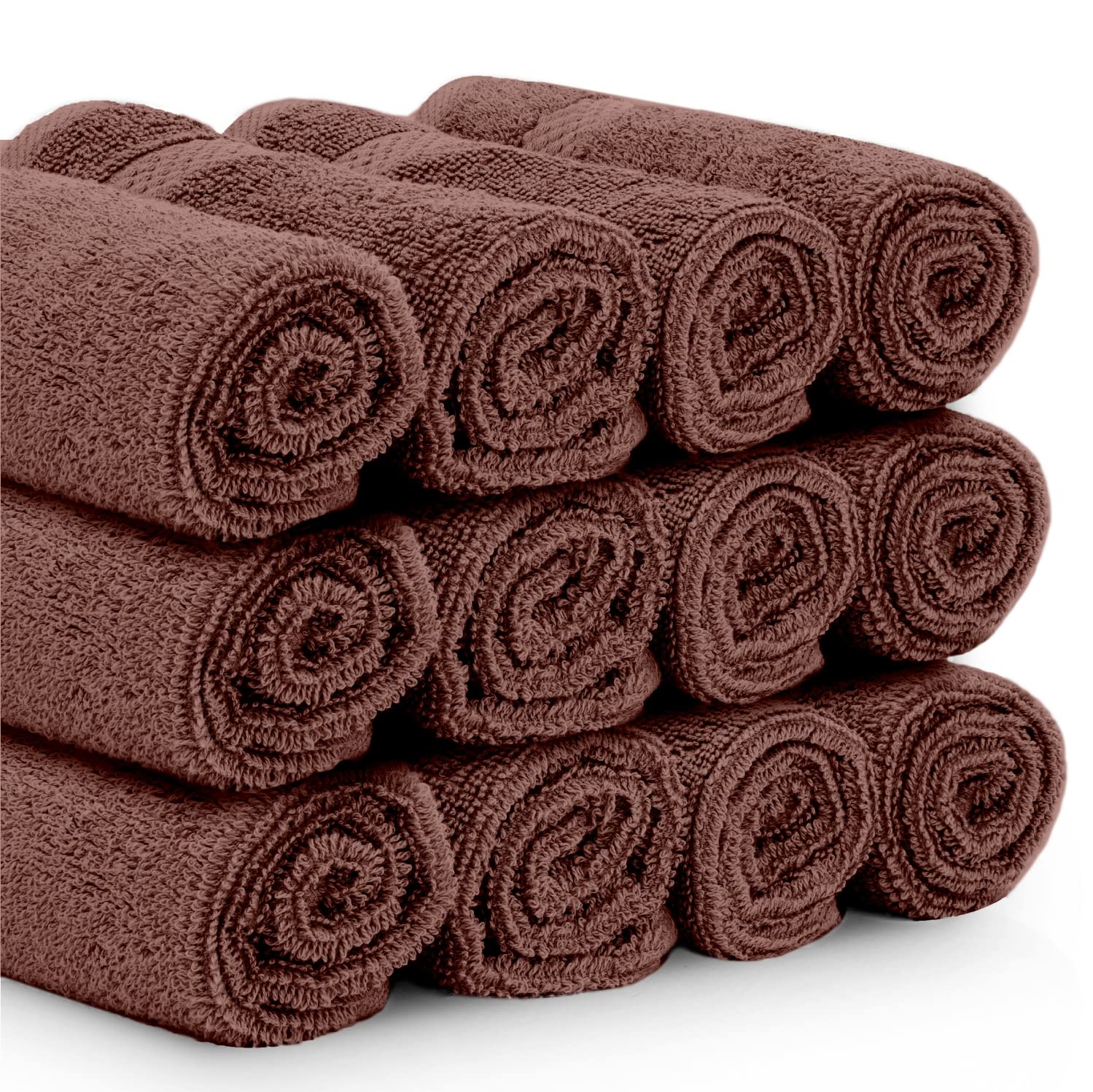 White Classic Cotton Washcloths - Large 13x13" Brown Spa Towels | 12 Pack