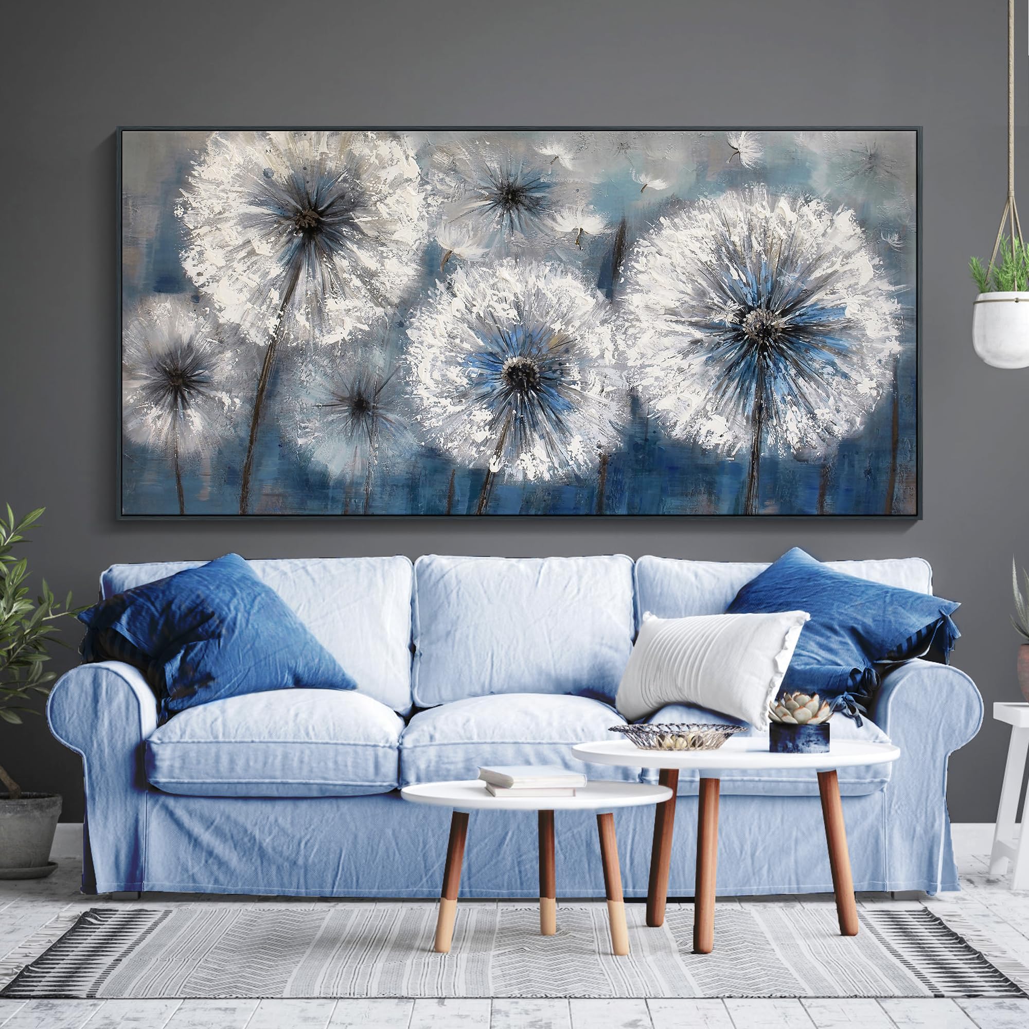 Pogusmavi Dandelion Wall Art Blue Wall Decor Painting Living Room Plant Pictures Framed Paintings For Wall Decorations Artwork F