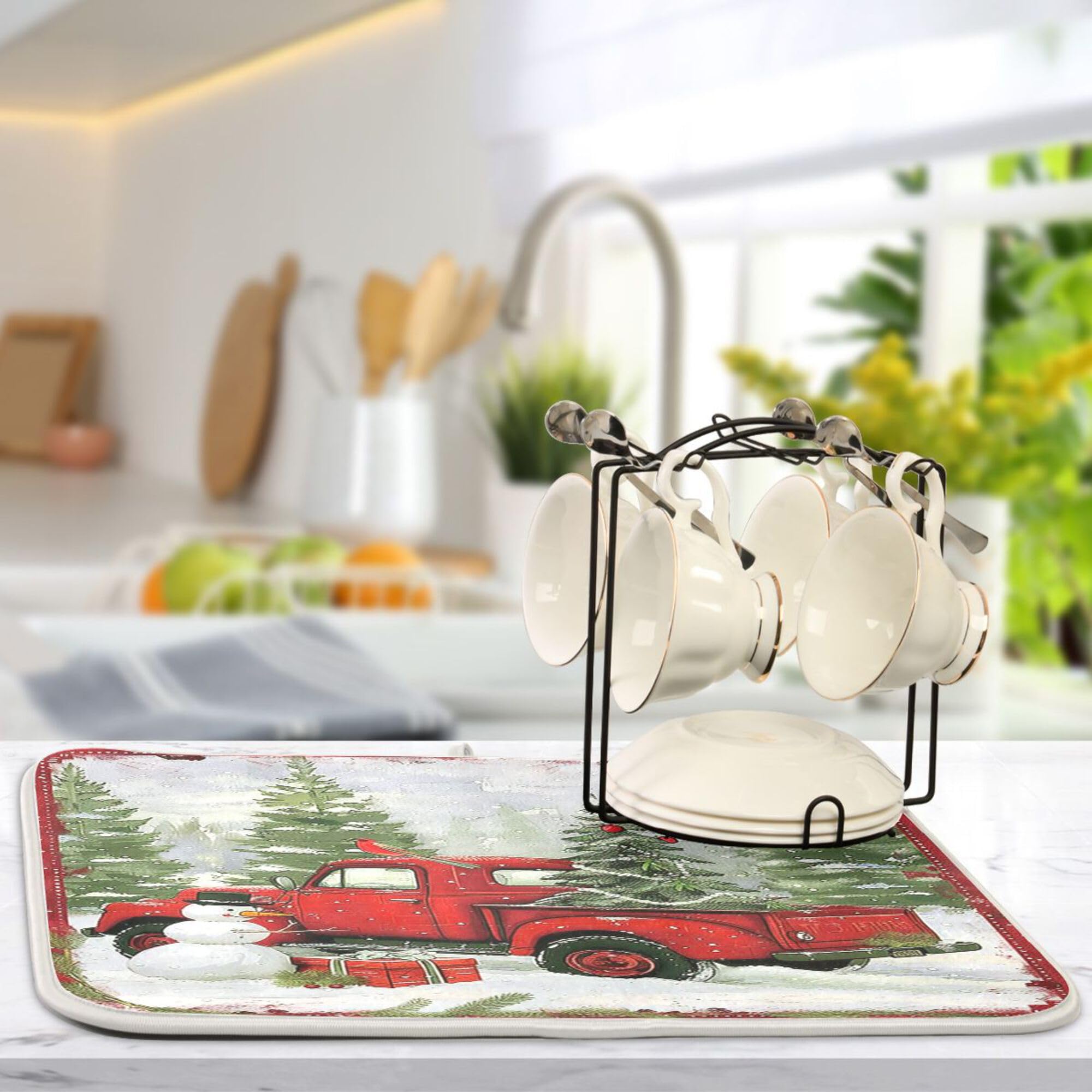 Christmas Red Truck Snowman Dish Drying Mat 18X24 For Kitchen Winter Xmas Tree Snowflake Cardinal Bird Dishes Pad Dish Drainer R