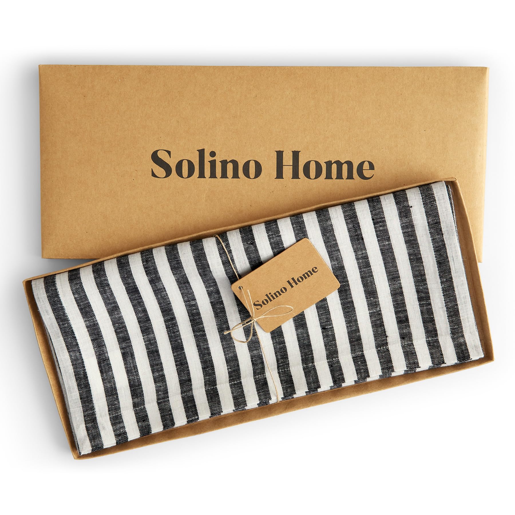 Solino Home Stripe Linen Table Runner 108 Inches Long - 100% Pure Linen Black And White Dining Table Runner 18 X 108 Inch Ideal