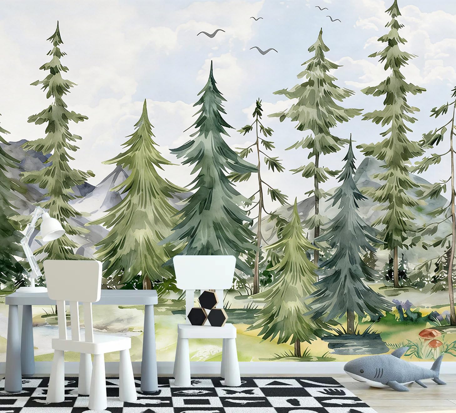 PYFFYP- Watercolor Cartoon Forest Pine Tree self-Adhesive Wallpaper murals for Nursery