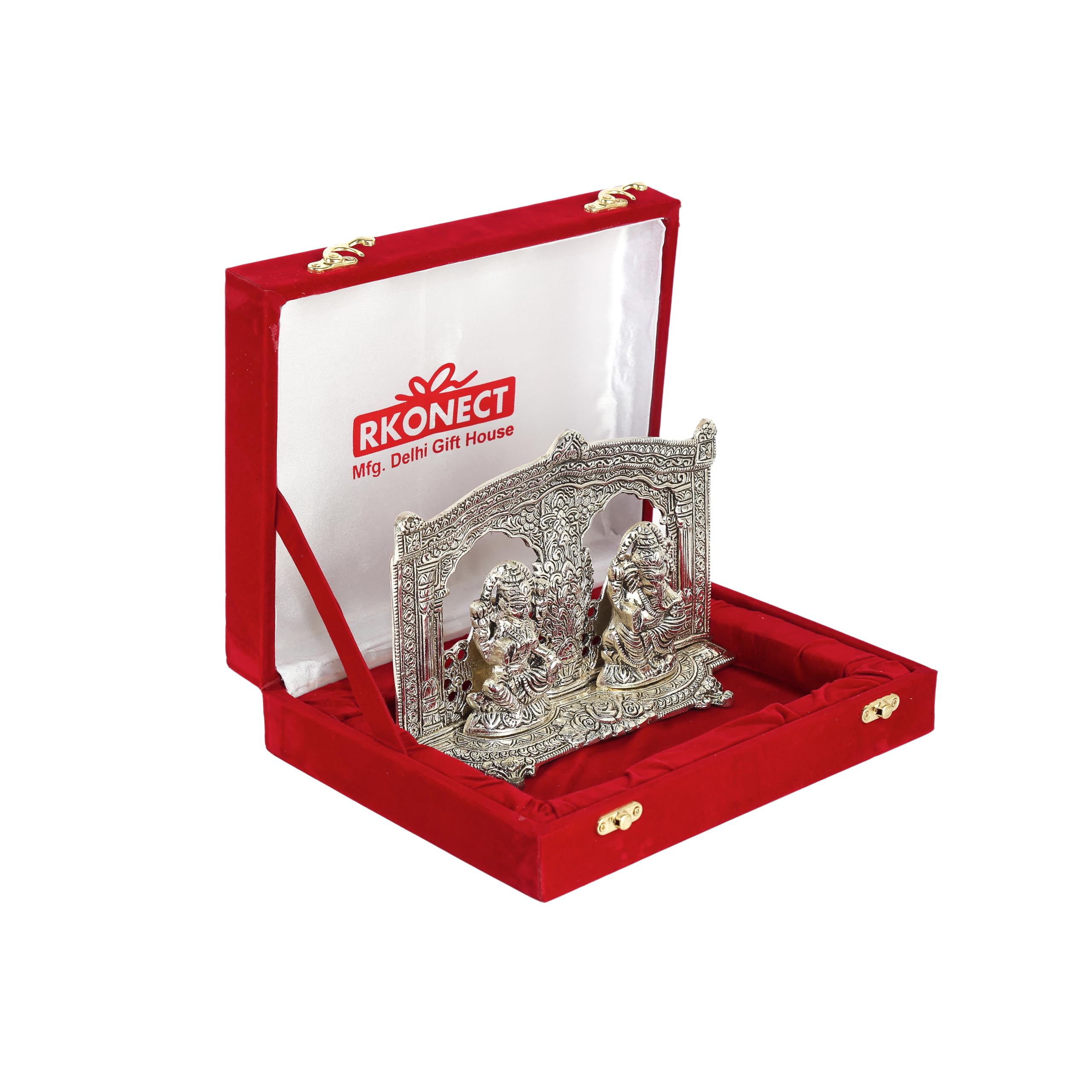 Rkonect Silver Metal Laxmi Ganesh Idol Murti With Oxidized Finish | Lakshmi Ganesha Murti With Beautiful Velvet Box And 6 Piece
