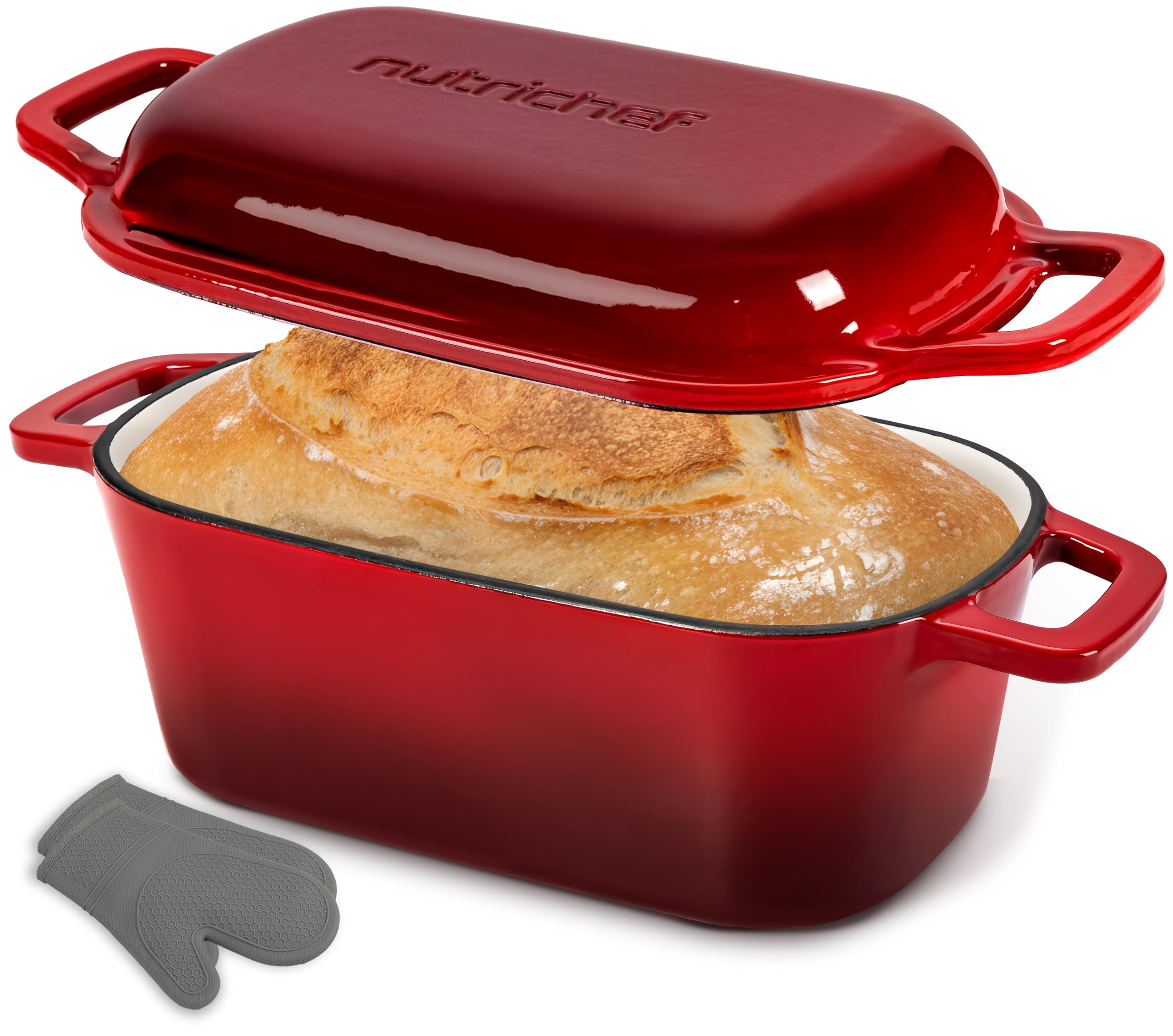 NutriChef 10 Enameled Cast Iron Bread Pan with Lid, Oval Loaf Dutch Oven with Silicone Gloves, Oven-Safe to 500F, for Baking, Ro