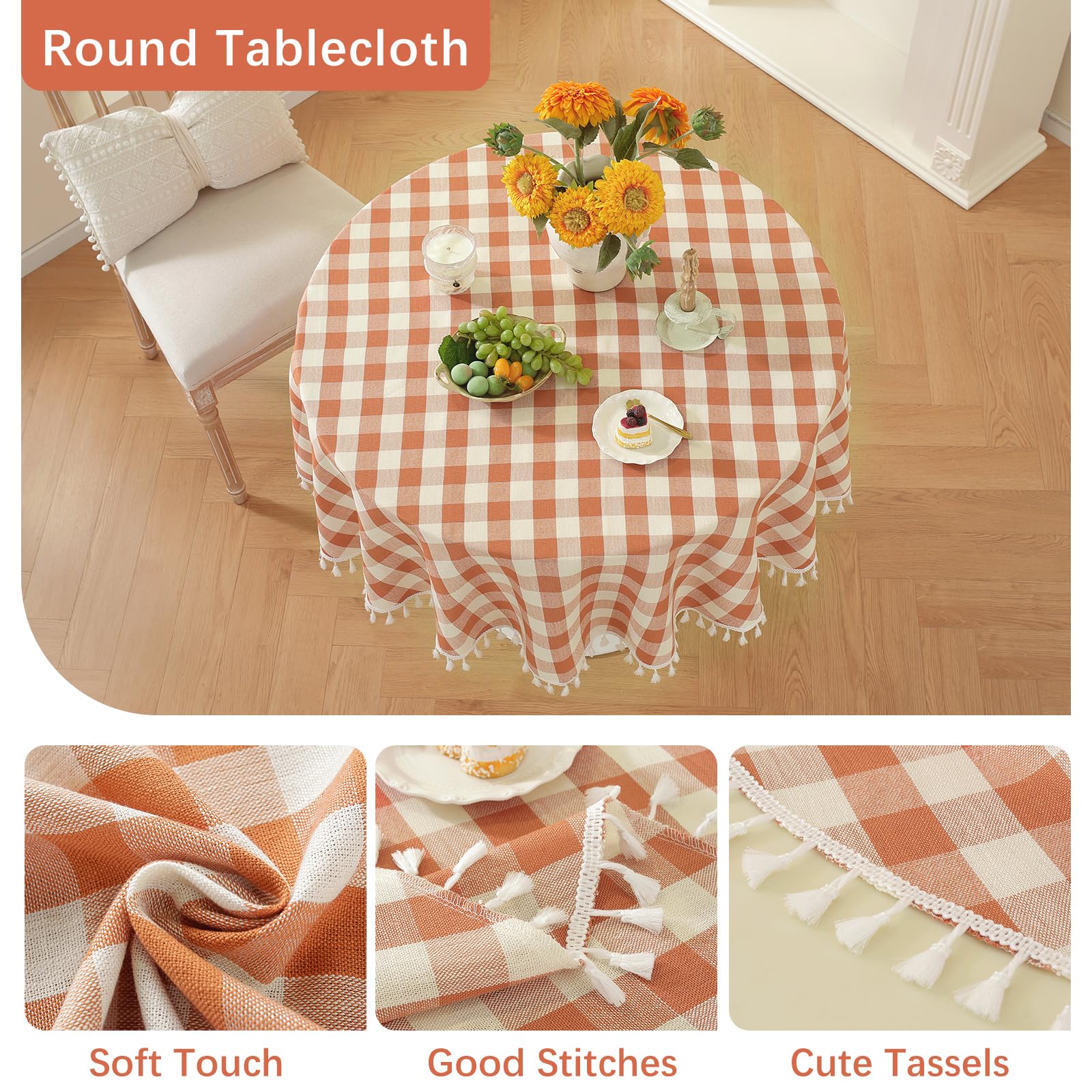Laolitou Thanksgiving Orange Checkered Round Tablecloth Washable Buffalo Plaid Table Cloth with Tassel Cotton Linen Gingham Tabl