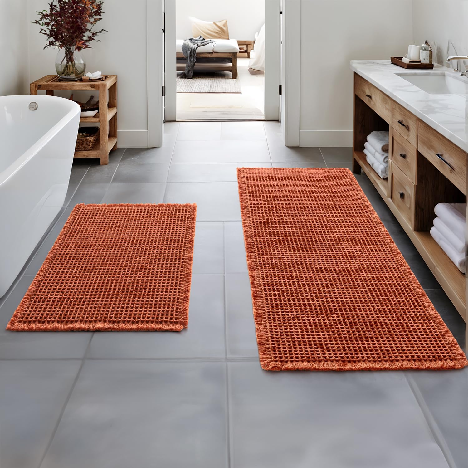 MIULEE Fall Orange Set of 2 Waffle Bathroom Rugs, Boho Bath Rugs Non Slip Washable, Super Absorbent Bath Mats, Ultra Soft Rubber