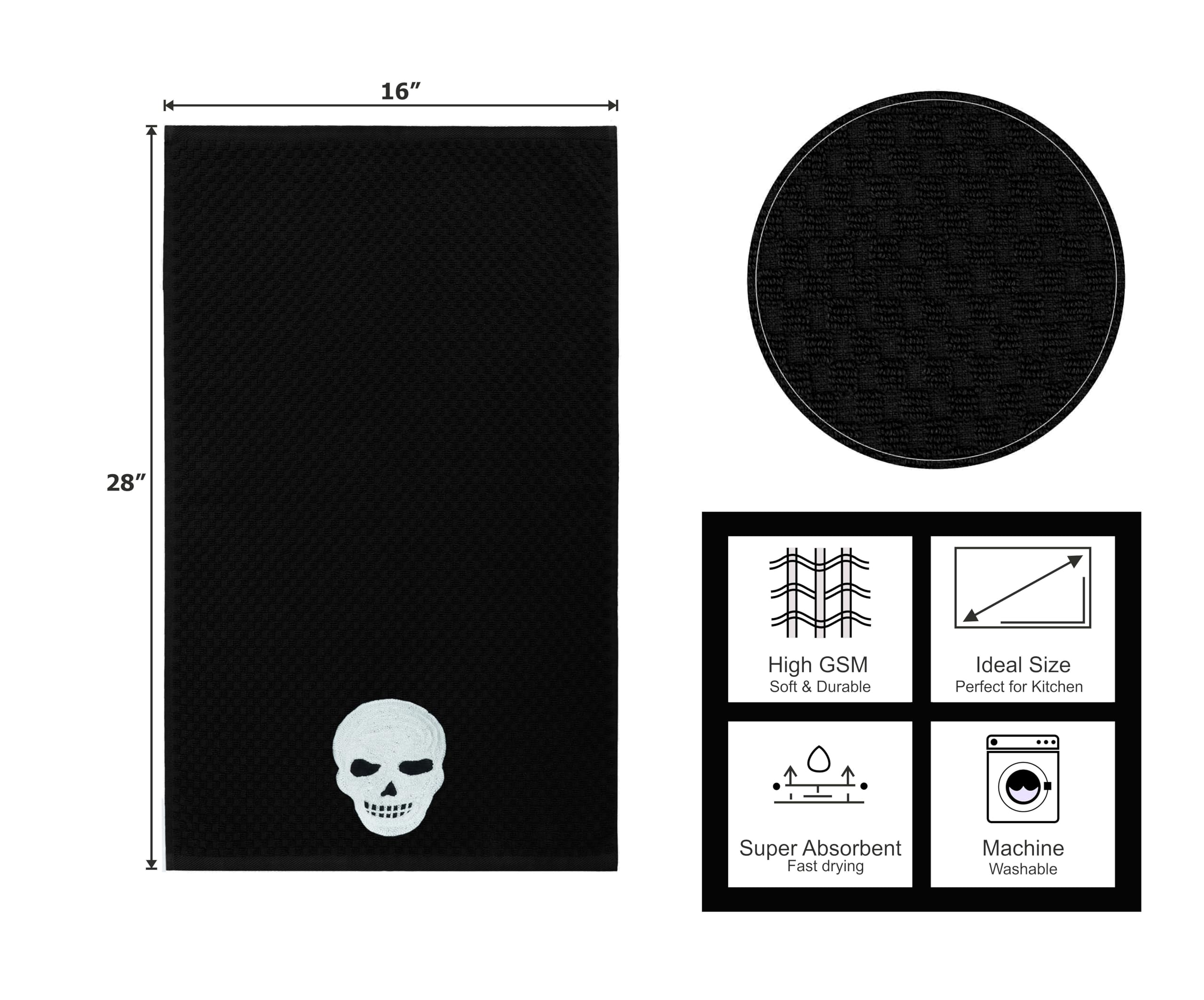 COTTON CRAFT Halloween Kitchen Towels - 4 Pack Spooky Skull Web Bats Jack OLantern Embroidered Terry Towel - 100% Cotton Waffle