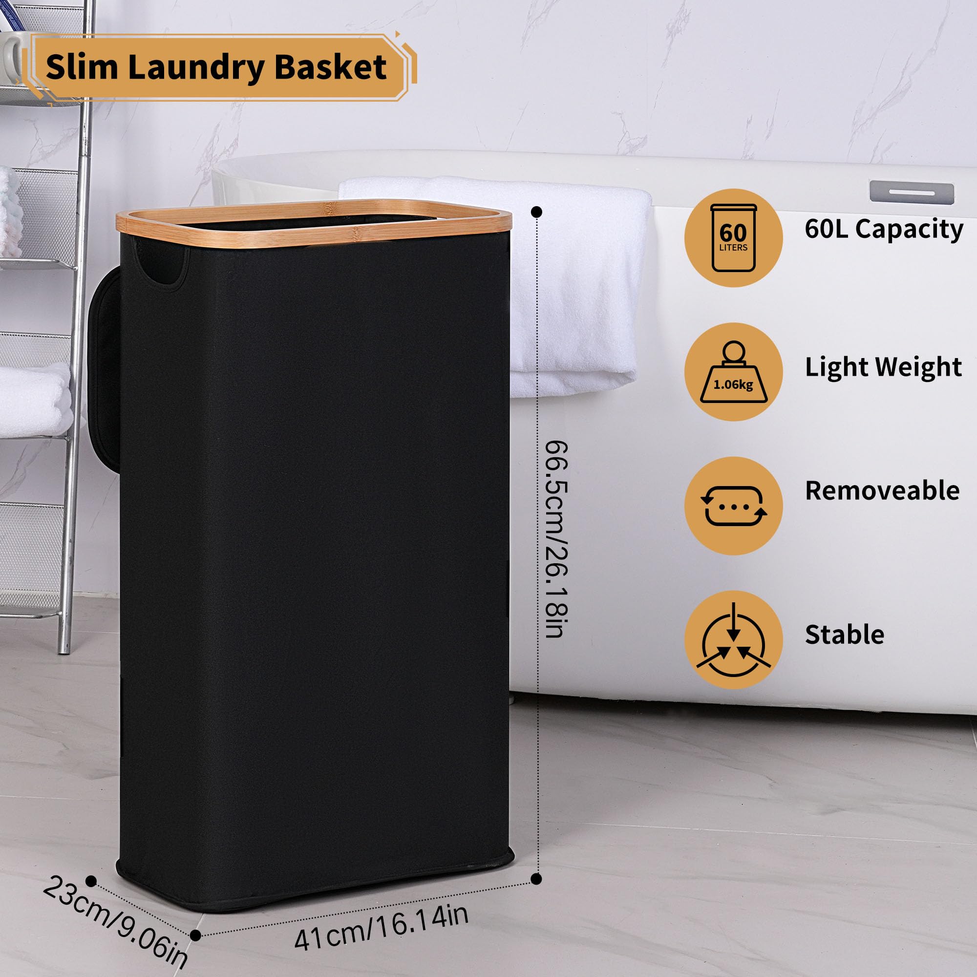Iegrow Laundry Basket, 60L Washing Basket With Lid And Handle, Slim Foldable Laundry Hamper With Removable And Washable Inner Ba