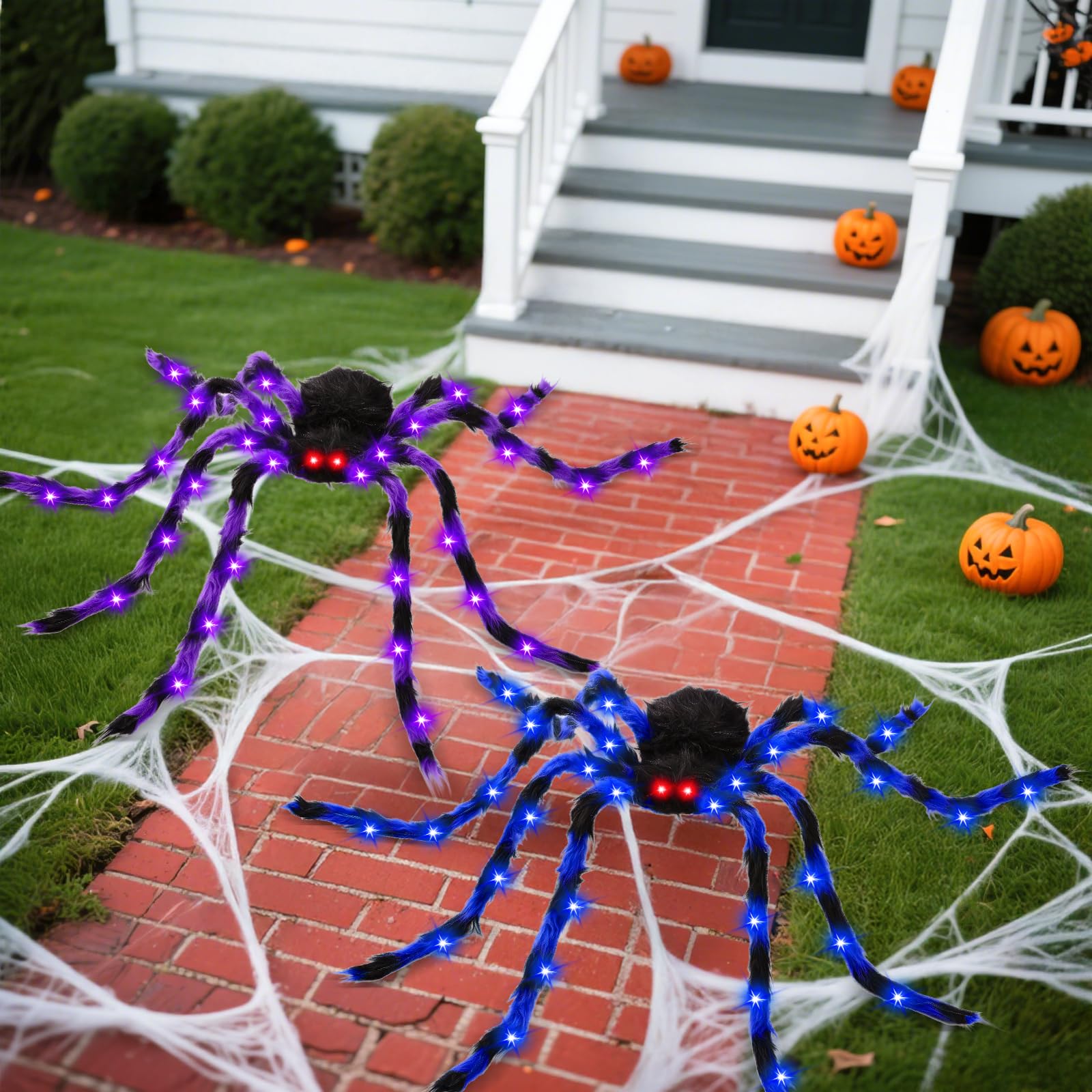 2 Pack 50 Halloween Light Up Spiders, Giant Hairy Spider Decorations with Blue and Purple LED Lights, Scary Indoor Outdoor Hallo