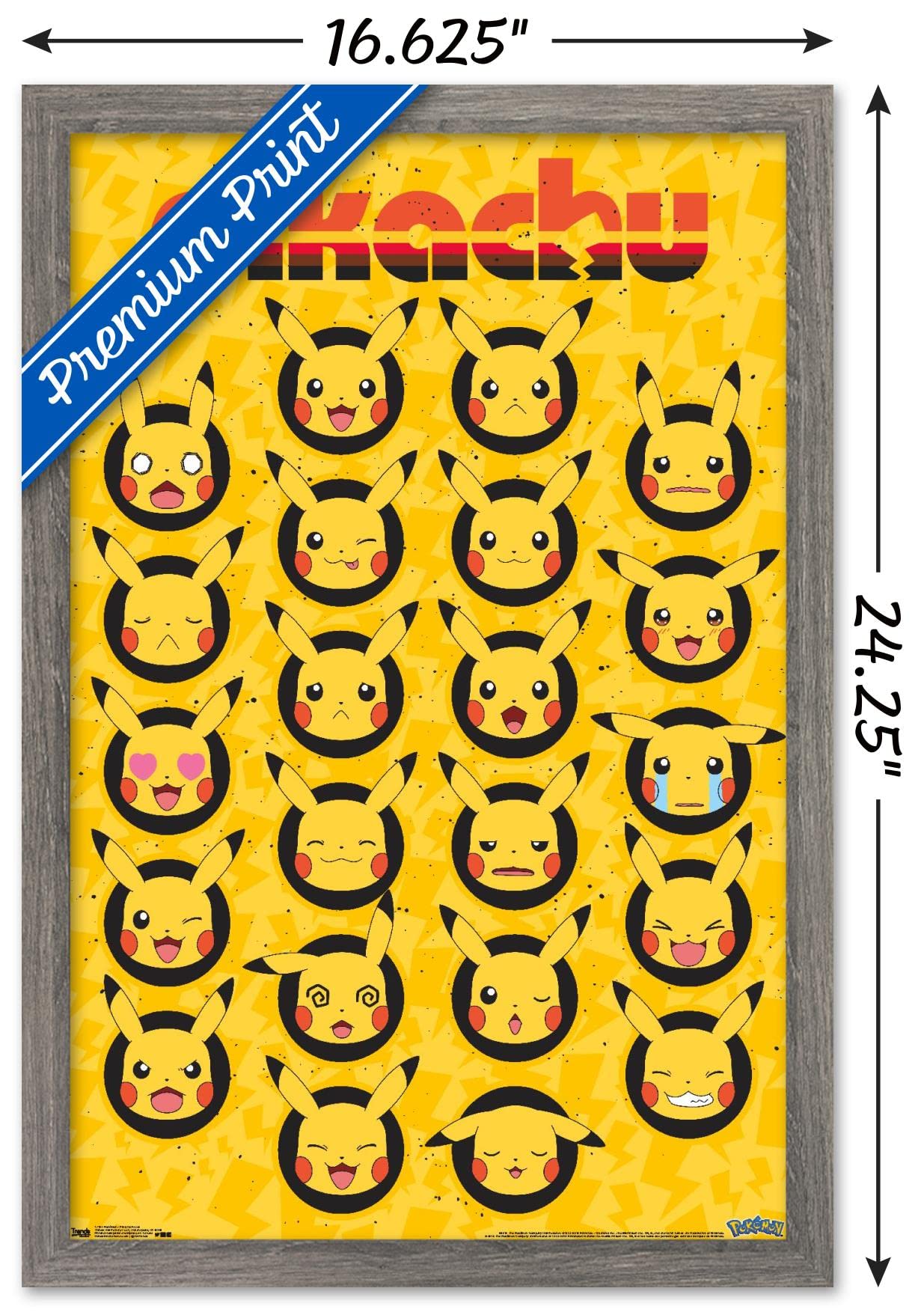 Trends International Pok  Mon - Pikachu Faces Wall Poster, 14.725'' X 22.375'', Barnwood Framed Version