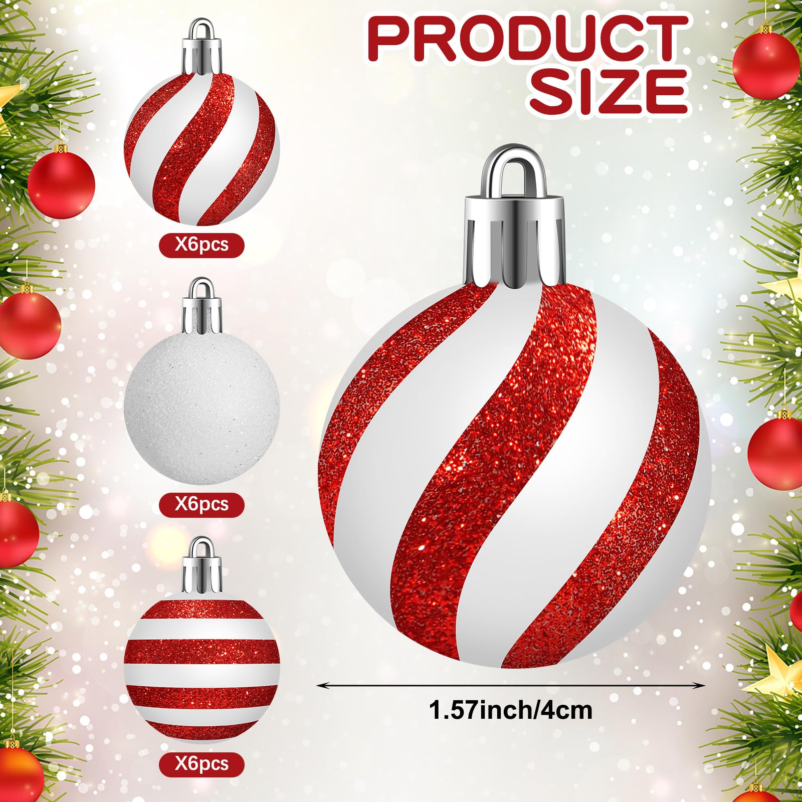 Motionchic 24 Pcs Christmas Ball Ornaments Hanging Glitter Shatterproof Mini Candy Balls Red and White Plastic Christmas Tree De