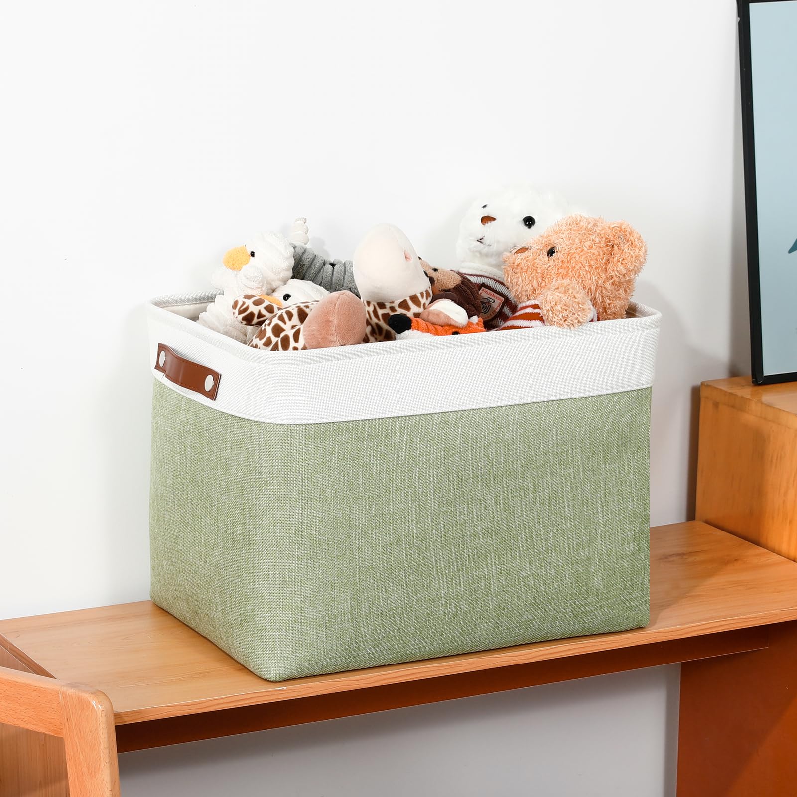 Dullemelo 16 Inch Fabric Storage Basket, Decorative Storage Boxes With Leather Handle For Closet Shelf Nursery, Collapsible Line