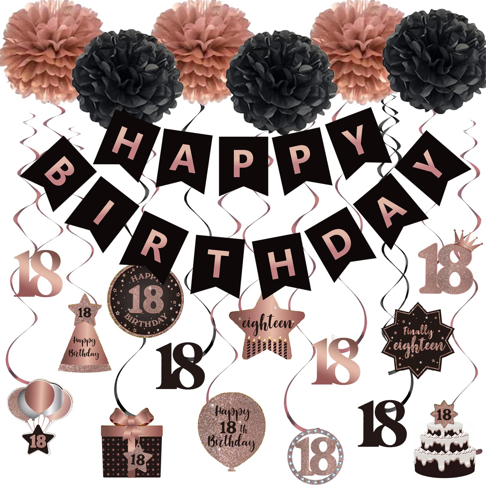 Brt Bearingshui Happy 18Th Birthday Hanging Swirls Streamers Decoration Set, Happy Birthday Banner With Tissue Pompoms, Rose Gol