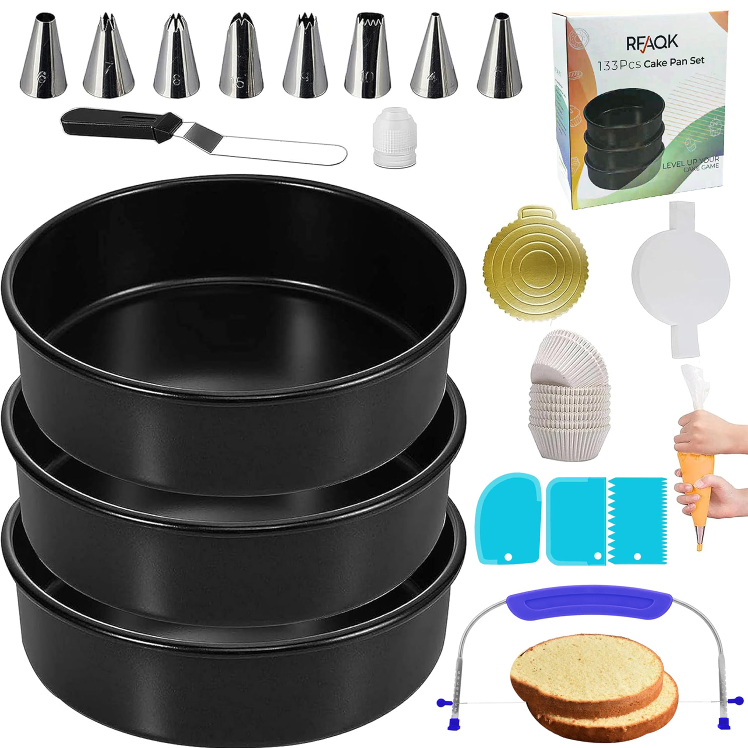 Rfaqk 133Pcs Round Cake Pans Sets For Baking + Cake Decorating Supplies - 3 Non-Stick 8 Inch Cake Pan With Baking Supplies, Pipi
