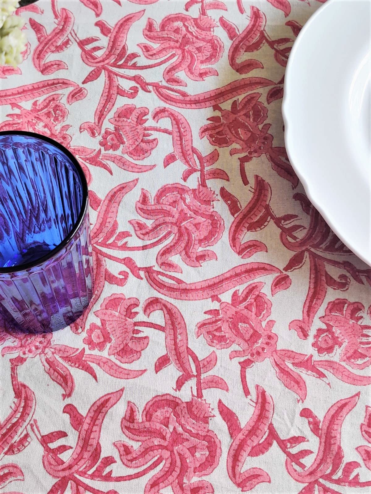 ATOSII Red Bloom 100% Cotton Tablecloth, Handblock Print Rectangle Table Cover for Kitchen Dining I Tabletop Linen I Parties, We