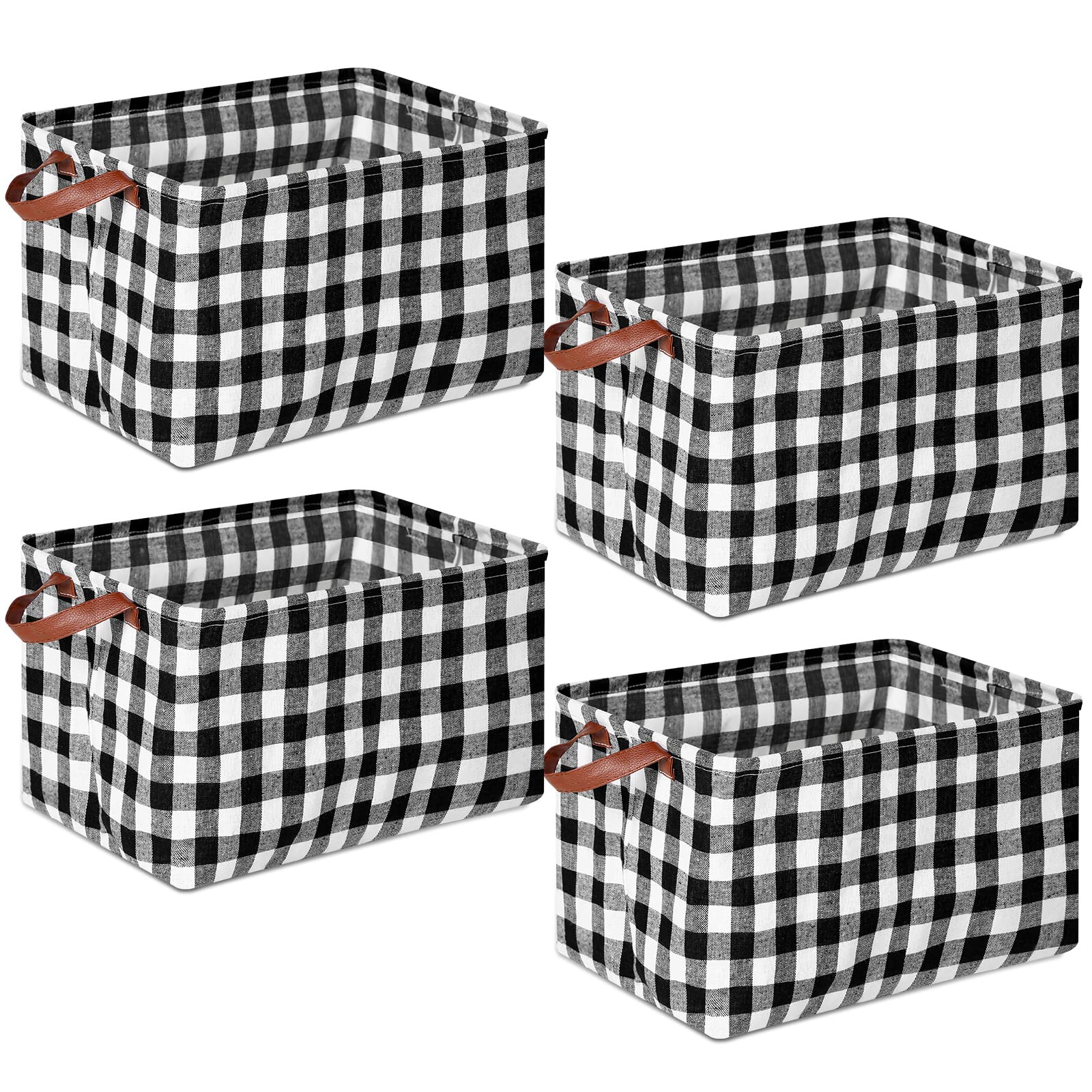 Boao 4 Pcs Buffalo Plaid Storage Baskets Black and White Bins Large Checkered Fabric Box with Handle Household Foldable Organize