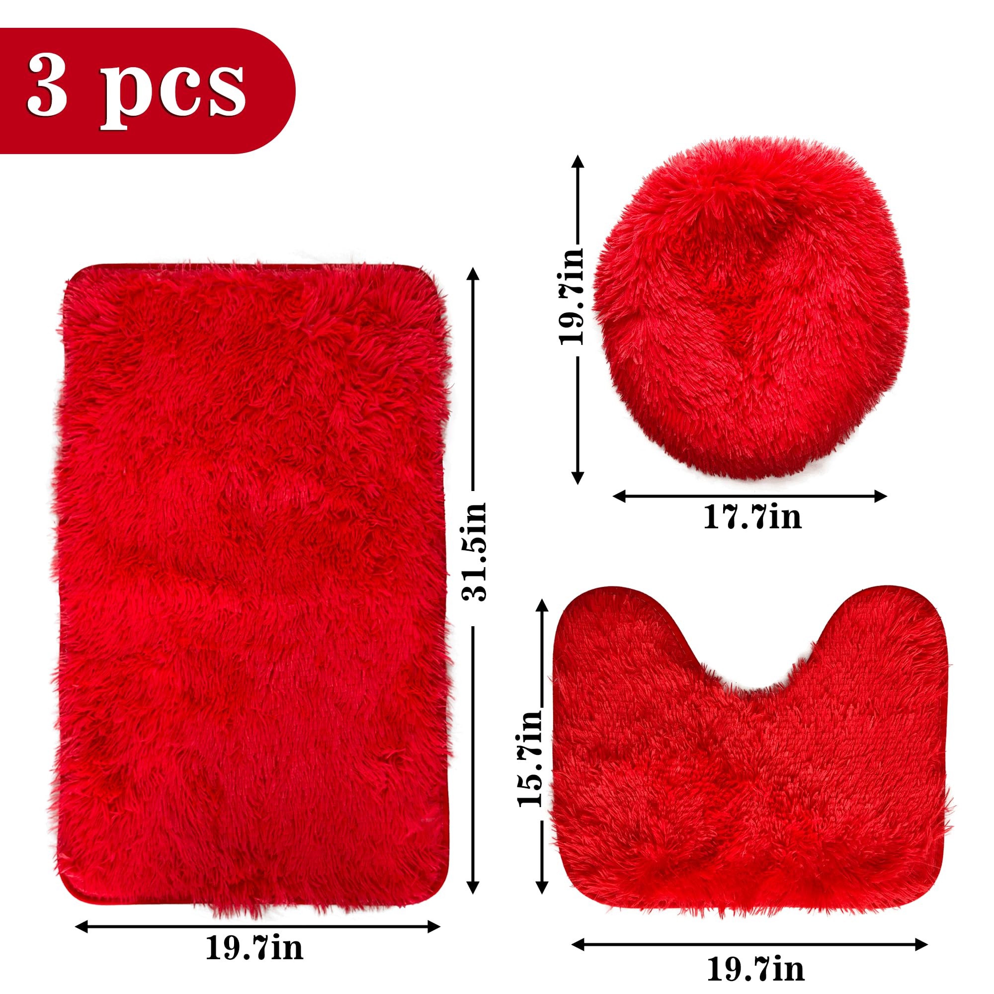 Eanpet Shaggy Bathroom Rugs Sets 3Piece Red Bath Mat For Bathroom Non-Slip Bathroom Mats Water Absorbent Bath Rug Floor Mats Sof