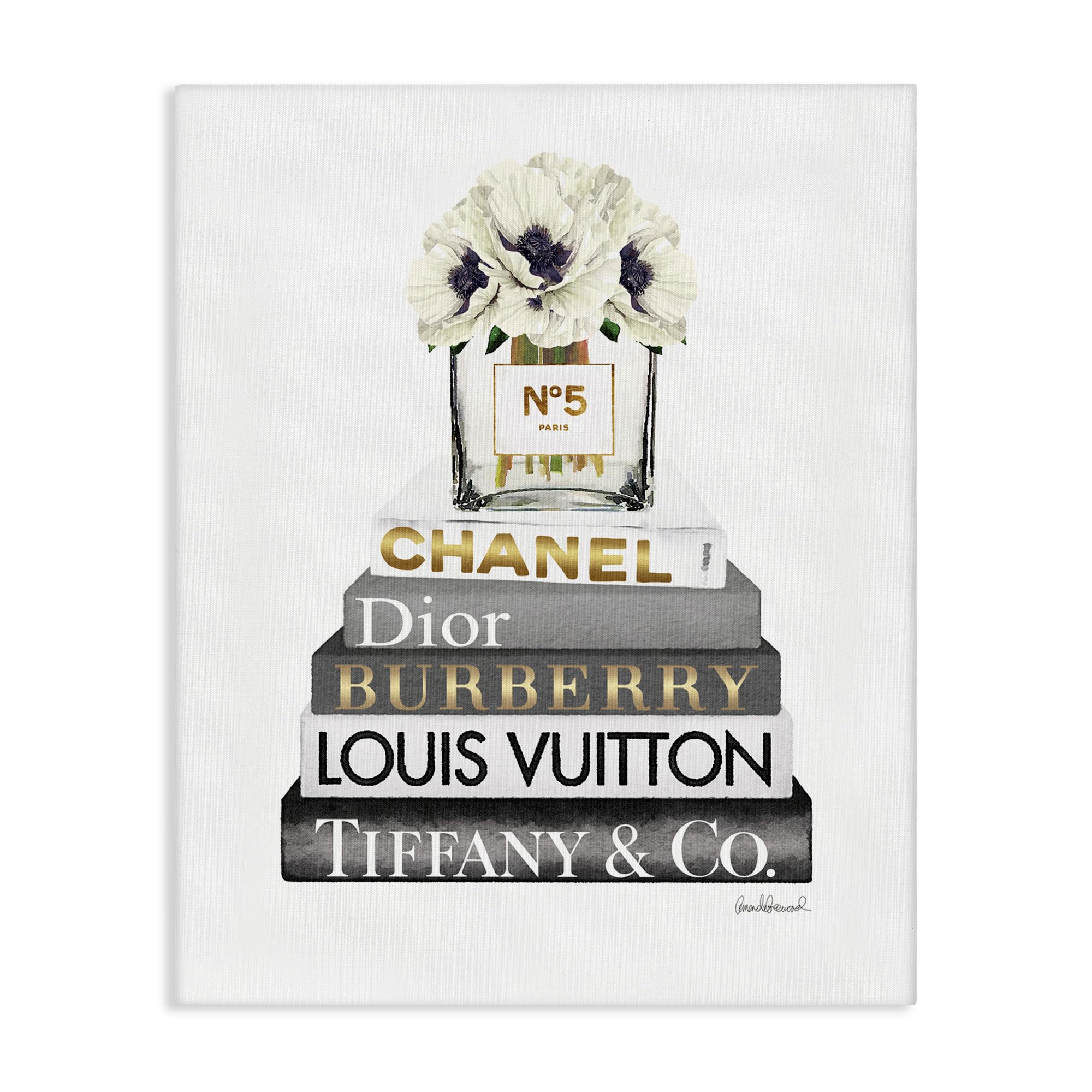 Stupell Industries Blooming White Floral Display on Glam Designer Bookstack Wall Art  16 x 20  Gallery Wrapped Canvas