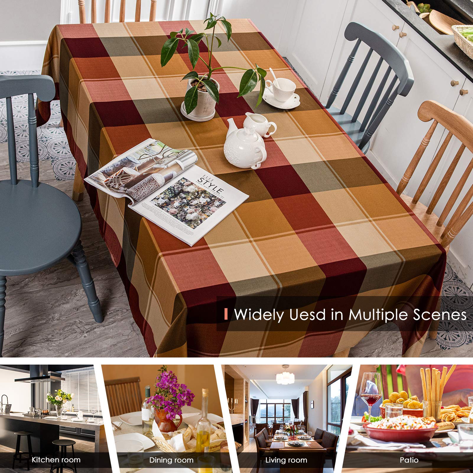 Melodieux Plaid Tablecloth Rectangle Cotton Linen Textured Holiday Table Cover Spillproof Water Wrinkle Resistant Vintage Tabletop Decoration Kitchen Dining Room  60'' x 102''  Red Checkered