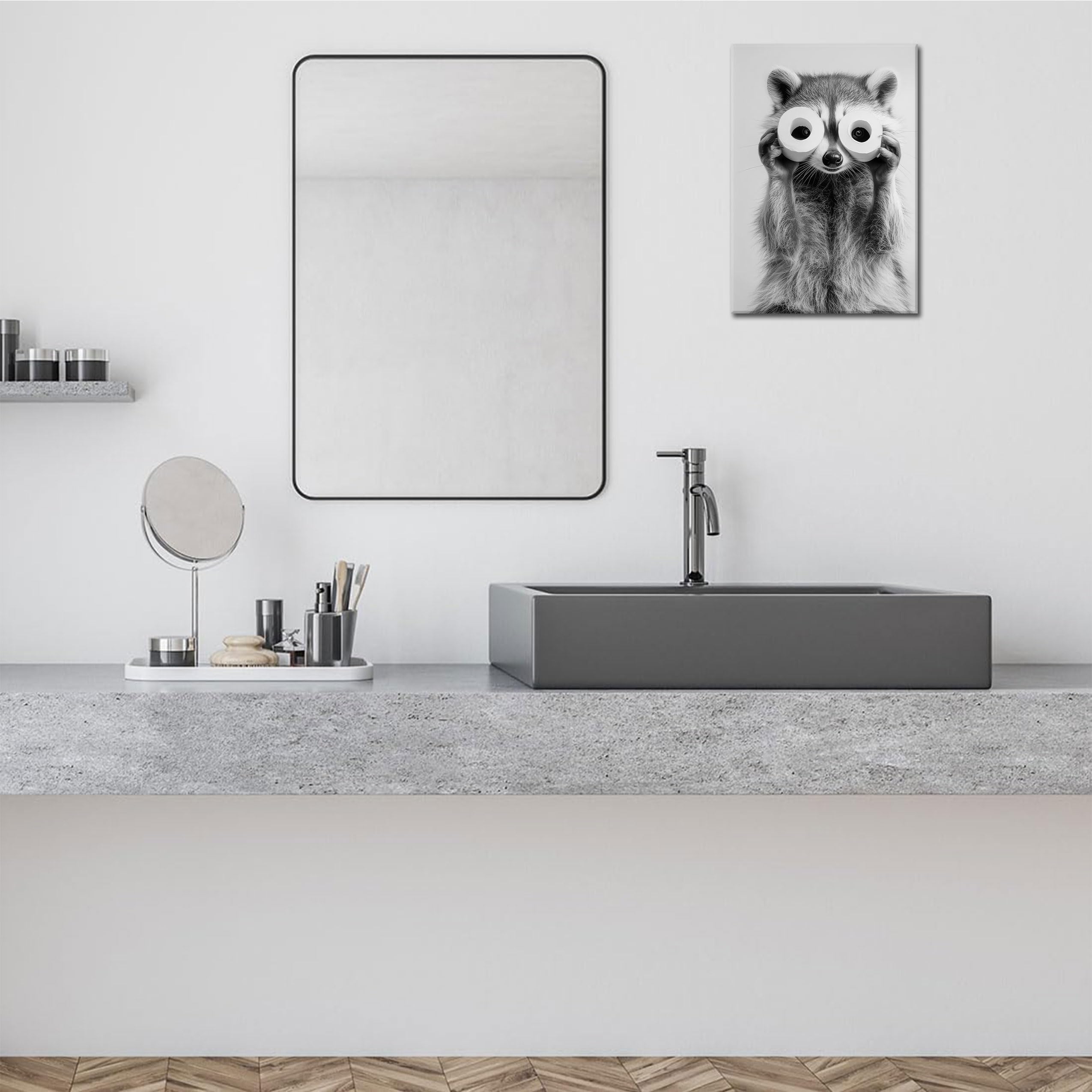 Adorable Raccoon Bathroom Canvas Wall Art Toilet Paper Raccoon Wall Decor Pictures Funny Black and White Bathroom Animal Posters