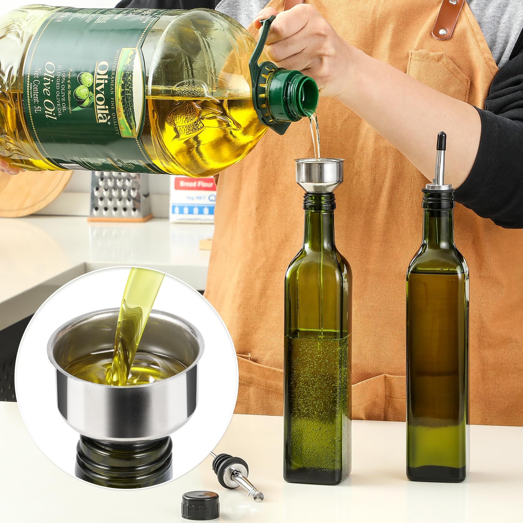Aozita 17Oz Glass Olive Oil Bottle Dispenser - 500Ml Green Oil And Vinegar Cruet With Pourers And Funnel - Olive Oil Carafe Deca