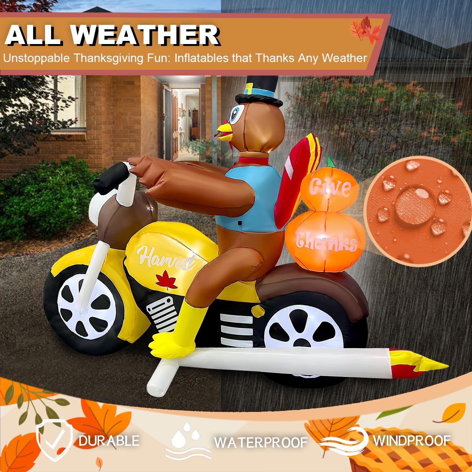 7FT Length Thanksgiving Inflatable Turkey Riding Motorcycle Decorations LED Lighted Blow Up Decoration Decor Home Yard Outdoor I