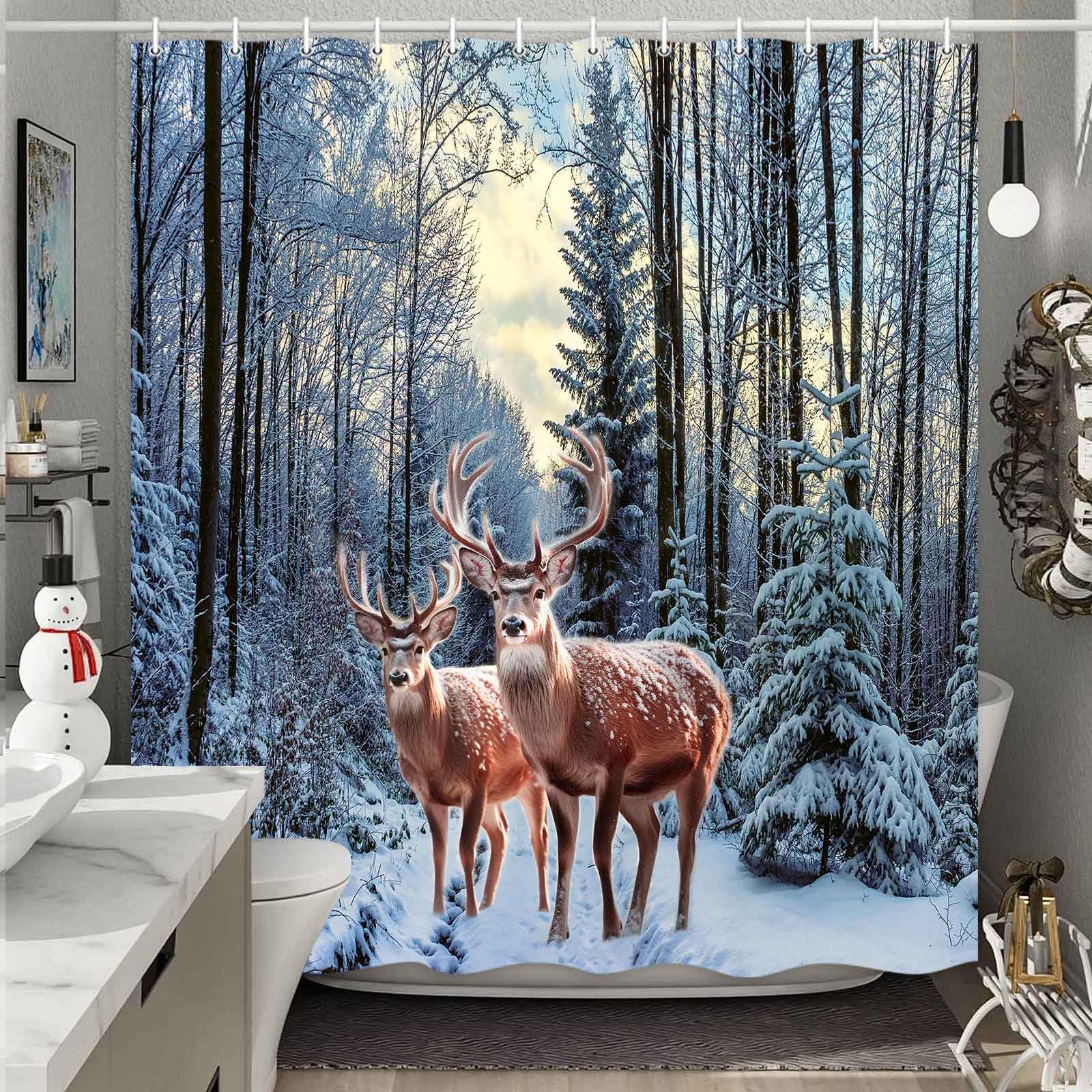 Merchr Winter Snow Forest Shower Curtain, Christmas Pine Tree Deer Snowflake Shower Curtain For Bathroom, Xmas Holiday Decor Rus