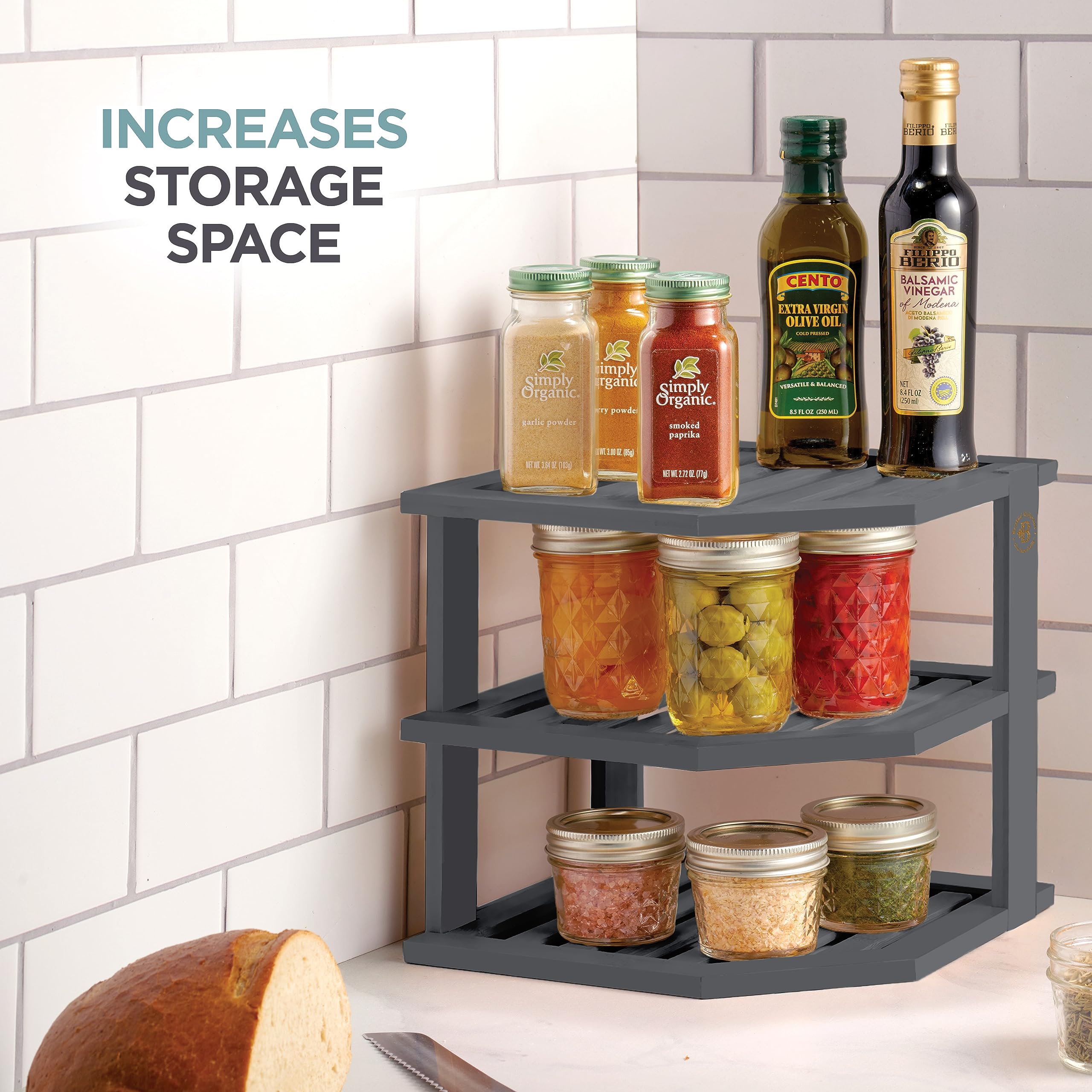 Bamb?si Bamboo Corner Shelf - Kitchen Countertop Organizer  Kitchen Counter Shelf - Corner Cabinet Organizer - Dish Organizer  Plate Organizer for Cabinet - Organizes and Saves Space (Grey)
