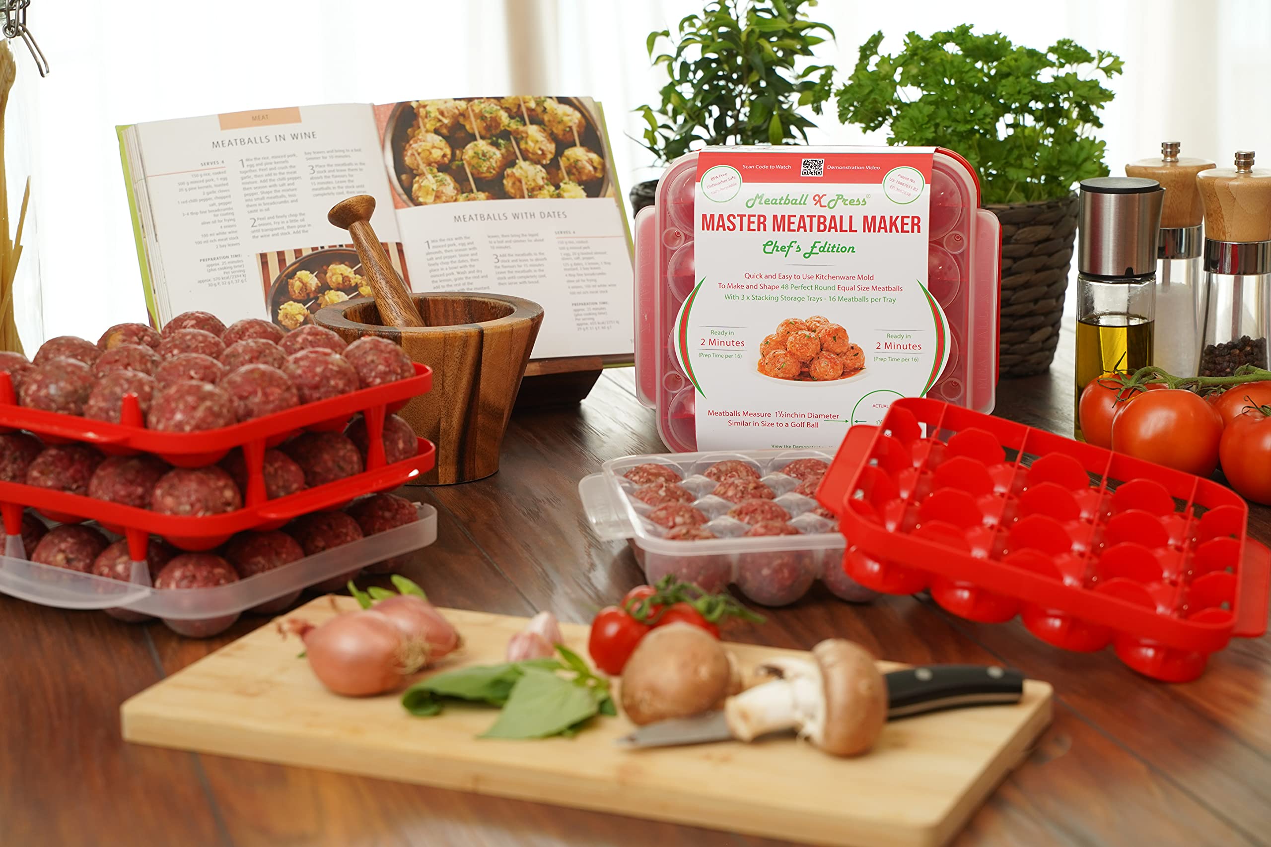 Meatball X Press - Meatball Maker & Stacking Storage Tray System - Kitchen Professional - 32 Meatball Product