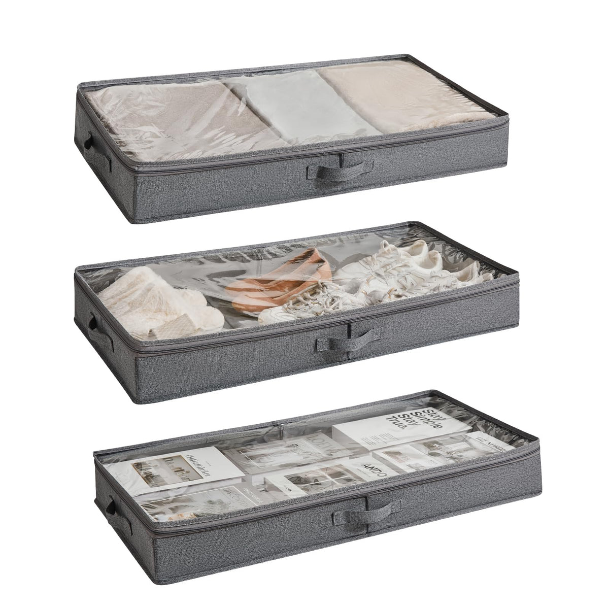 Berdeng 3 Pack Under Bed Storage Containers, Low Profile Underbed Shoes and Clothes Storage Organizer with Sturdy Sidewalls/Bott