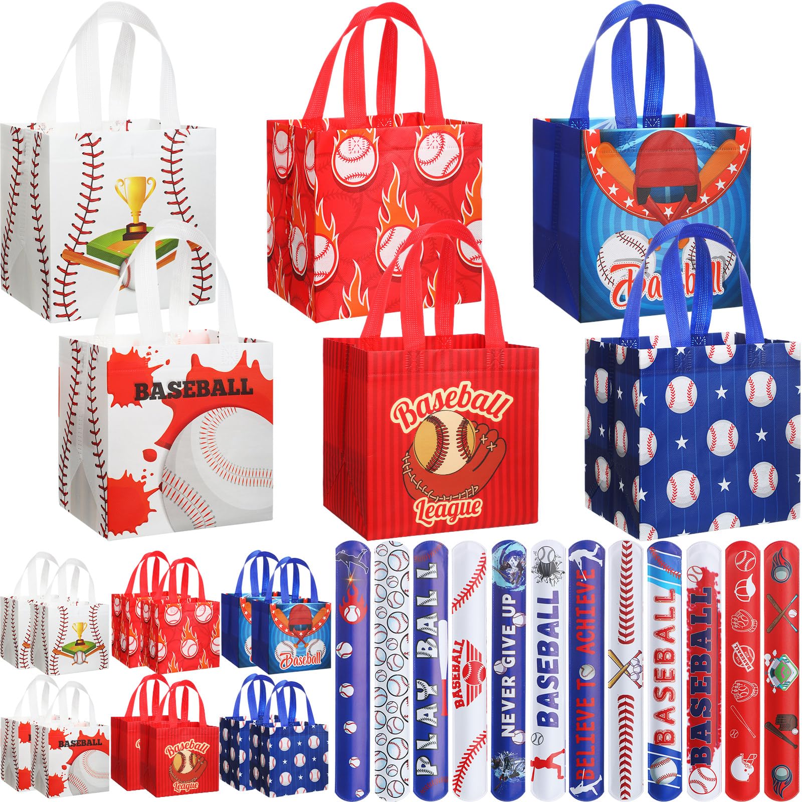 MiniInflat 24 Pcs Baseball Gift Bags Party Favor Bags Reusable Non Woven Tote Bag with Handles Baseball Waterproof Treat Bag for