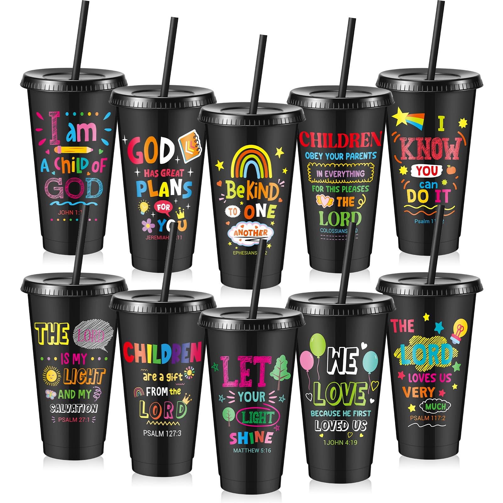 Uiifan 10 Pcs Christian Cups Bulk for Kids, Religious Plastic Tumblers with Bible Verses, Sunday School and Church Gifts, Reusab