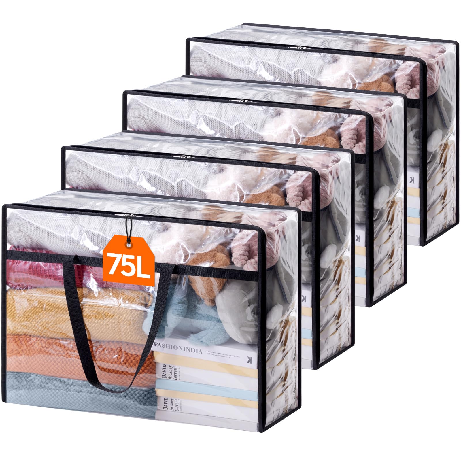 Lifewit 4 Pack Clear Clothes Storage Bags, 75L Large Plastic Blanket Storage, Vinyl Foldable Moving Bags with Zipper, Closet Org
