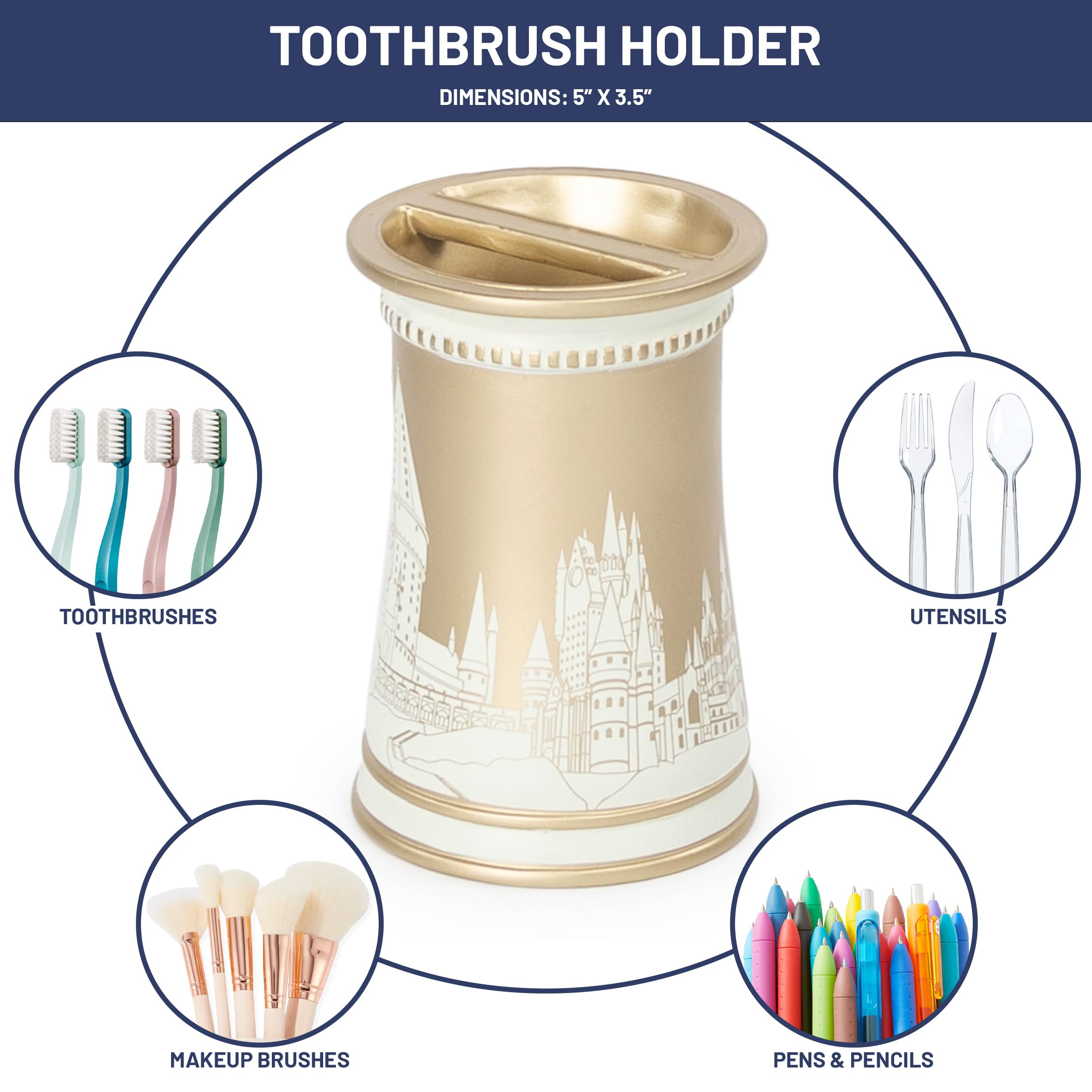 Harry Potter Bathroom Organizer Set - 4 Piece White And Gold Hogwarts Crest Accessories Includes Resin Soap Dispenser, Soap Dish