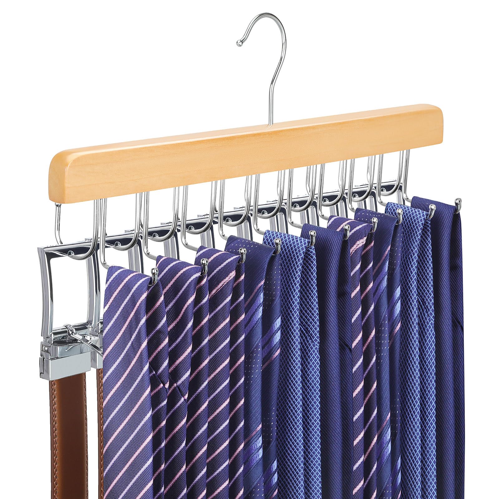 Topia Hanger 2 In 1 Belt Tie Hanger For Closet Max 30 Belts With 30 Ties Capacity, 20 Hooks Belt Tie Racks Wooden Hanger For Clo