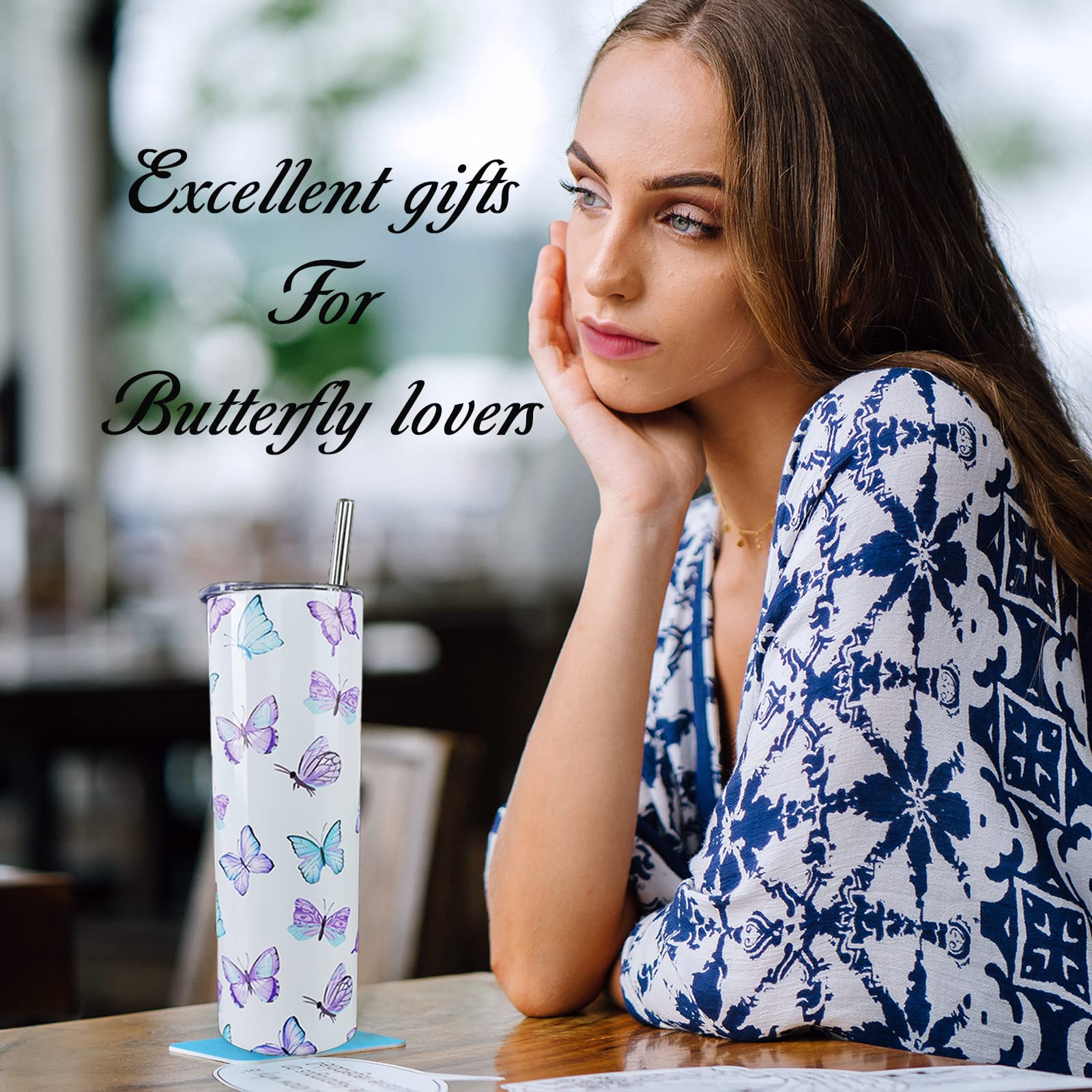 Mofvugz Butterfly Tumbler With Lid And Straw, Butterfly Gifts For Women, Purple Butterflies Cup Water Bottle Coffee Mug, Metal T