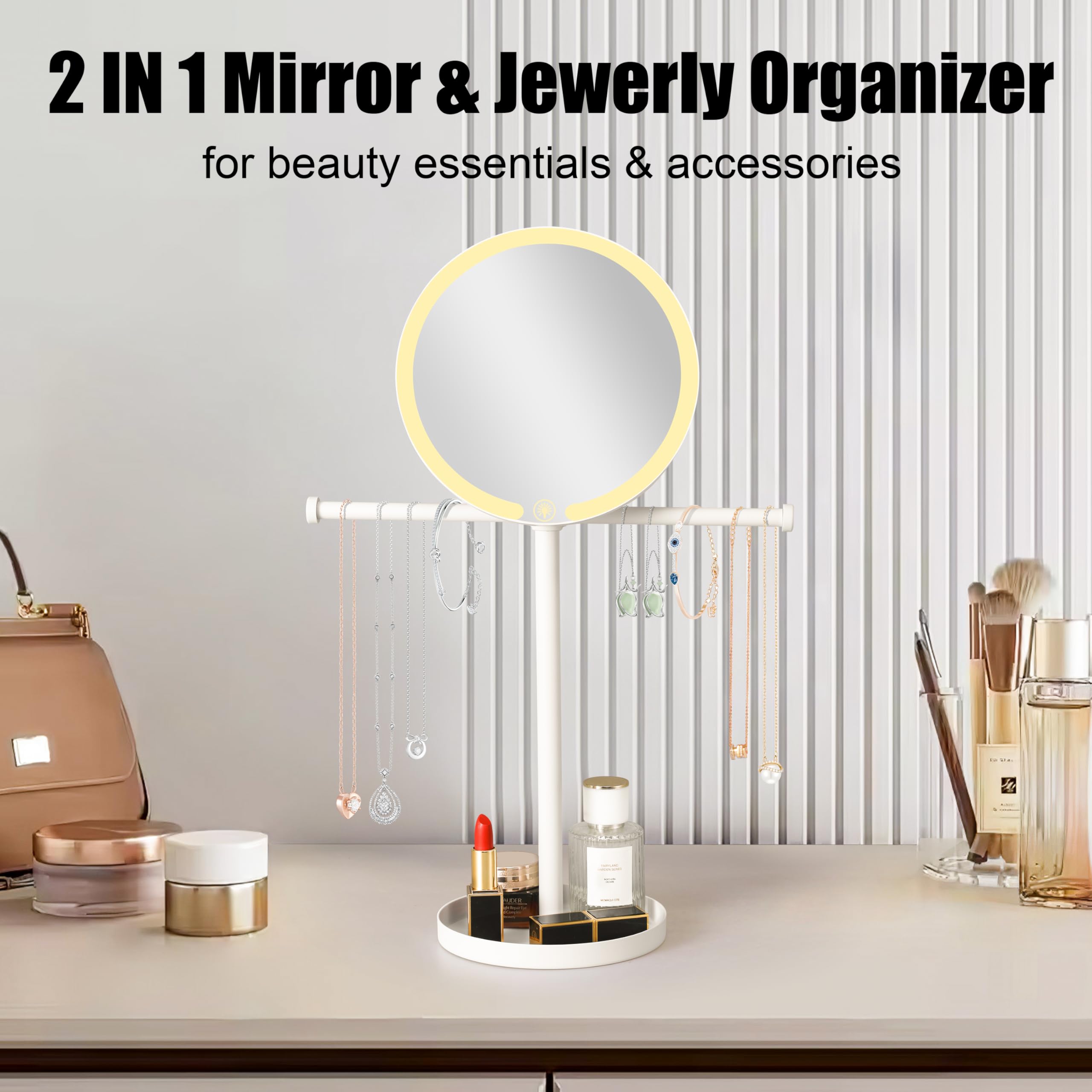 2 In 1Lighted Jewelry Organizer Stand With Makeup Mirror - Led Touch Control Vanity Mirror Necklaces Organizer - 3 Light Modes,