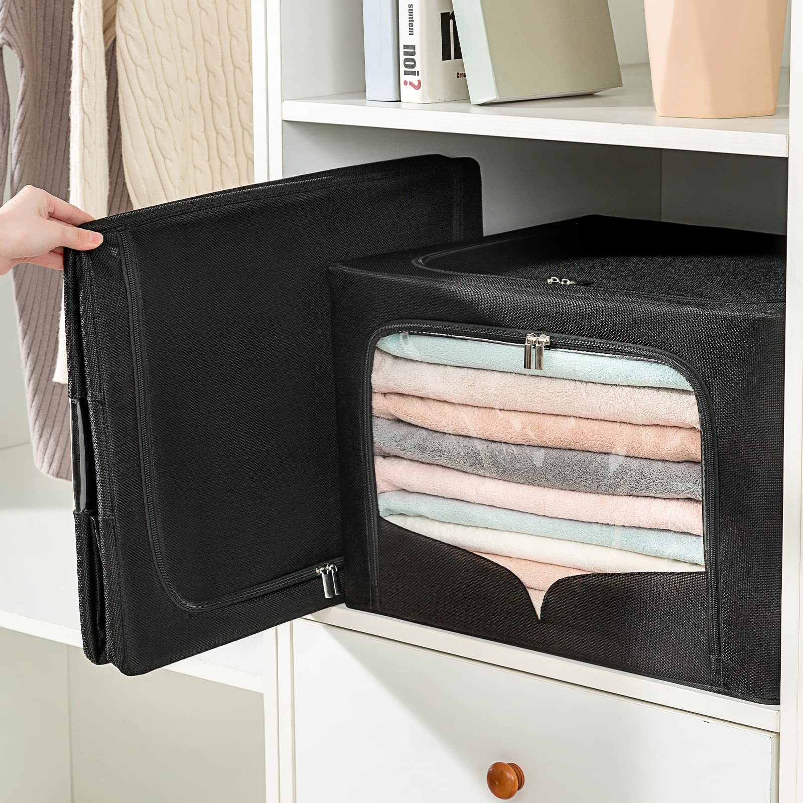 3 Pack Clothes Storage Bins - Foldable Metal Frame Storage Box - Stackable Linen Fabric Organizer Set with Carrying Handles and