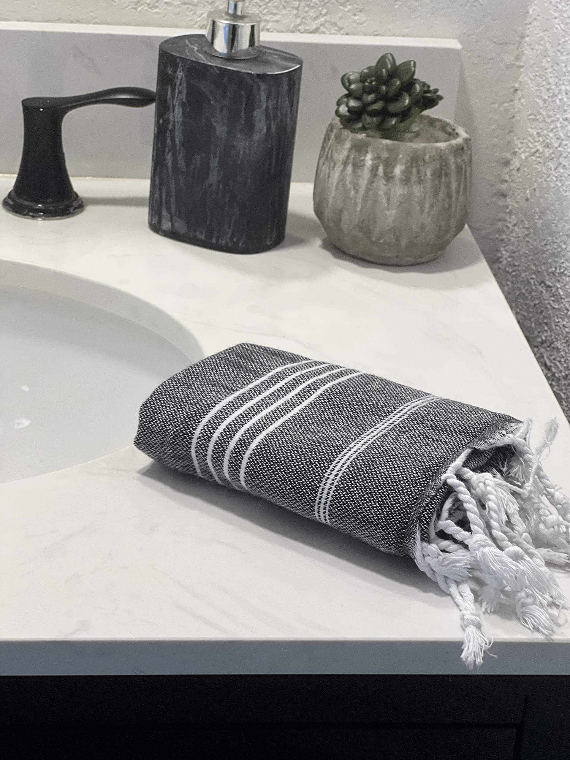 MyAprils Turkish Hand Towels for Bathroom Kitchen 100% Cotton Black Hand Towels Bathroom Decor Boho Farmhouse Rustic Quick Drying Tea Towels Dish Towel with Hanging Loop Set of 2 - Black