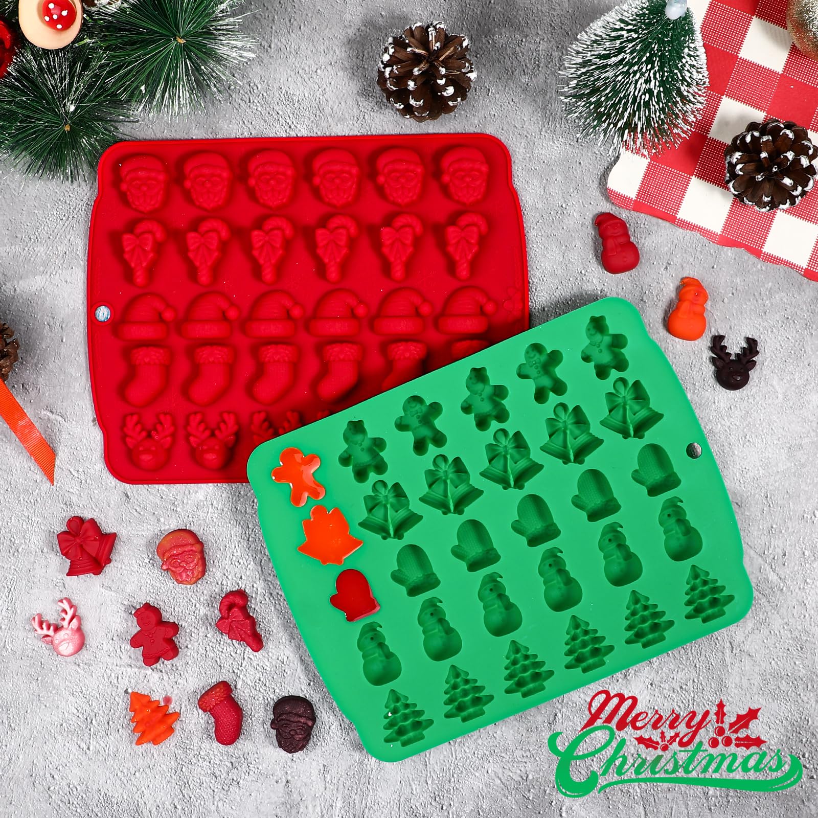 Kamehame Christmas Candy Molds, 2 Pcs 30 Cavity Christmas Gummy Molds, Silicone Christmas Chocolate Molds, Red & Green