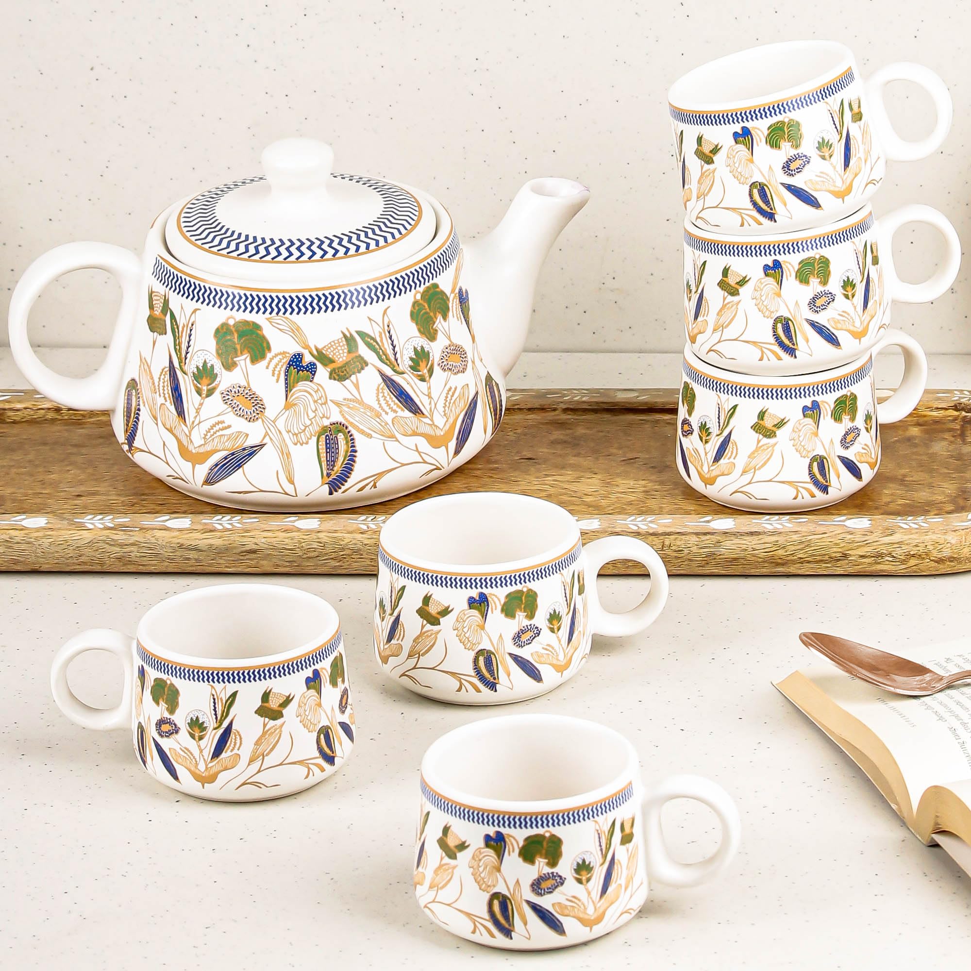 The Earth Store Bronze Petals Ceramic Tea Set With Kettle 6 Tea Cups & 1 Kettle | Microwave And Dishwasher Safe Teapot Set | Ket