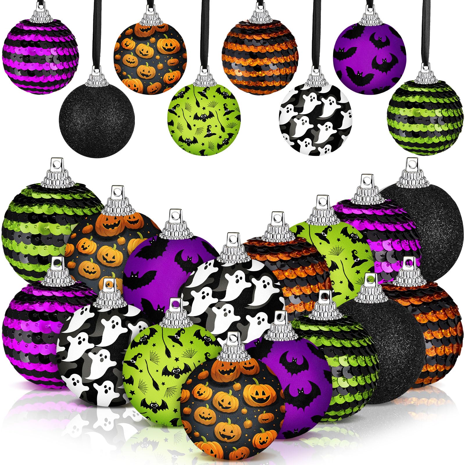 Zeyune 16 Pcs Halloween Ball Ornaments for Tree 2 Inch Halloween Tree Decorations Pumpkin Ghost Bat Spider Glitter Ornaments wit