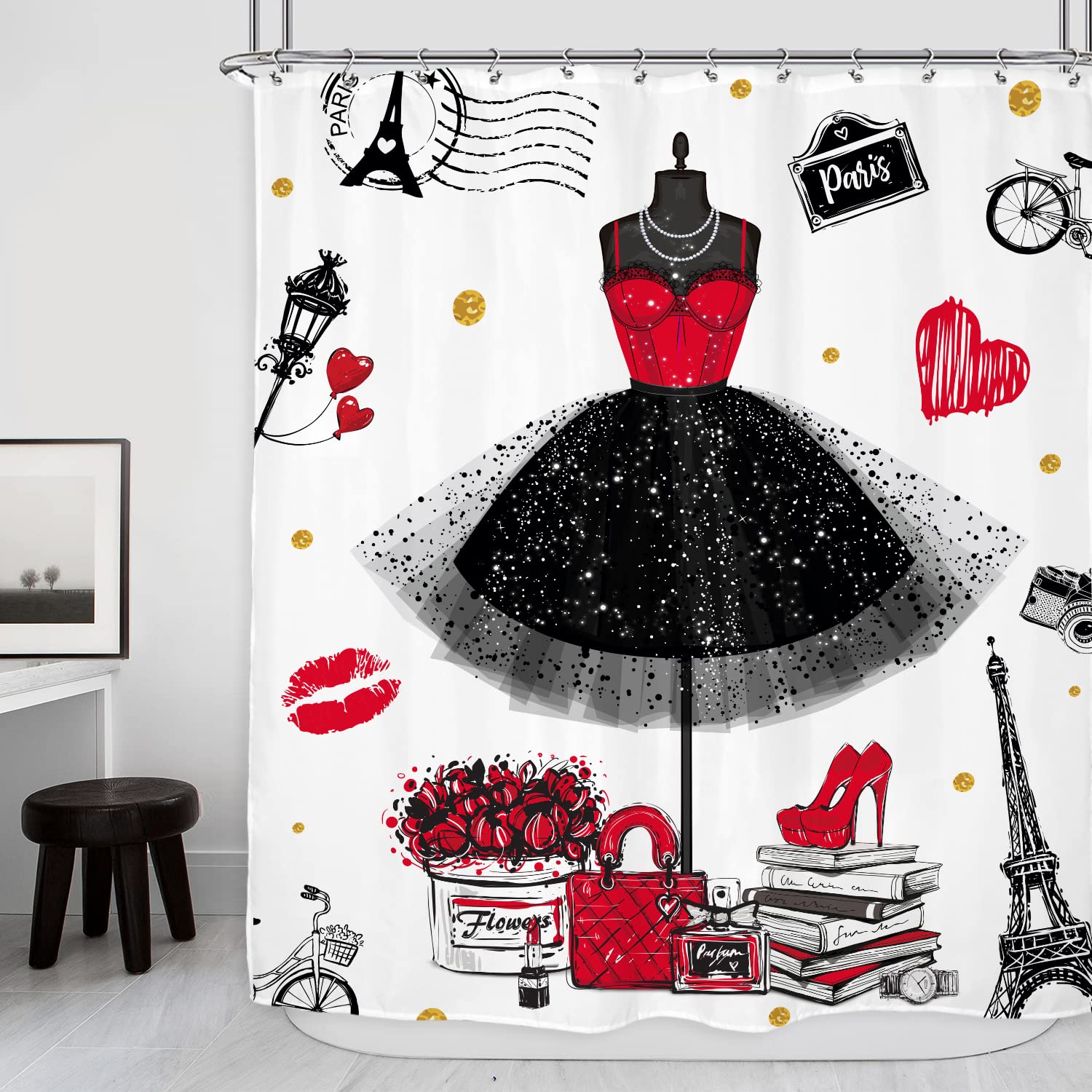 Riyidecor Girly Dresses Fashion Shower Curtain 60Wx72H Inch Women Black And Red Skirt Perfume Bottles Paris Tower Modern Bathroo