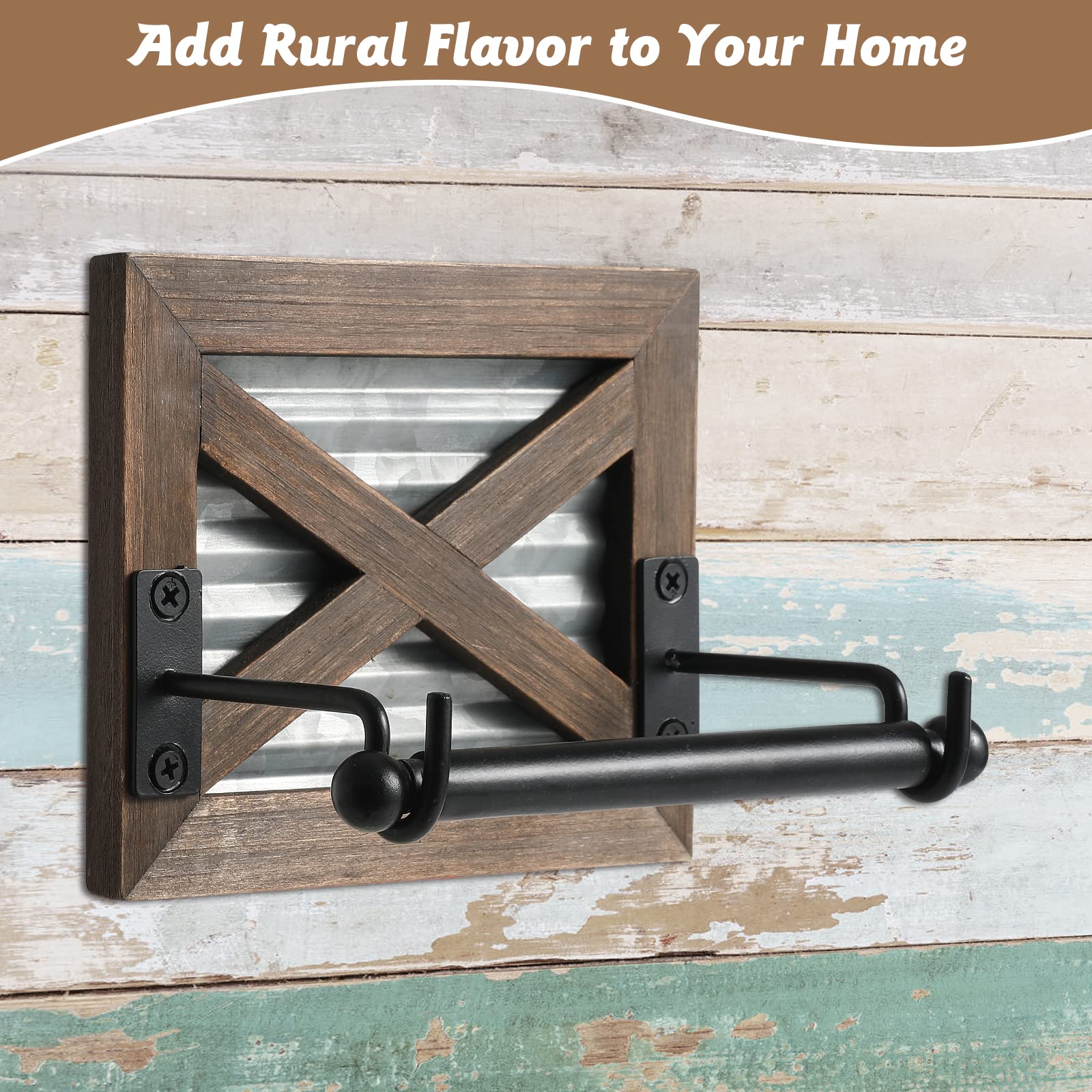 Farmhouse Toilet Paper Holder With Galvanized Metal& Black Metal - Rustic Warm Brown Wood Wall Mount Toilet Roll Holder For Bath