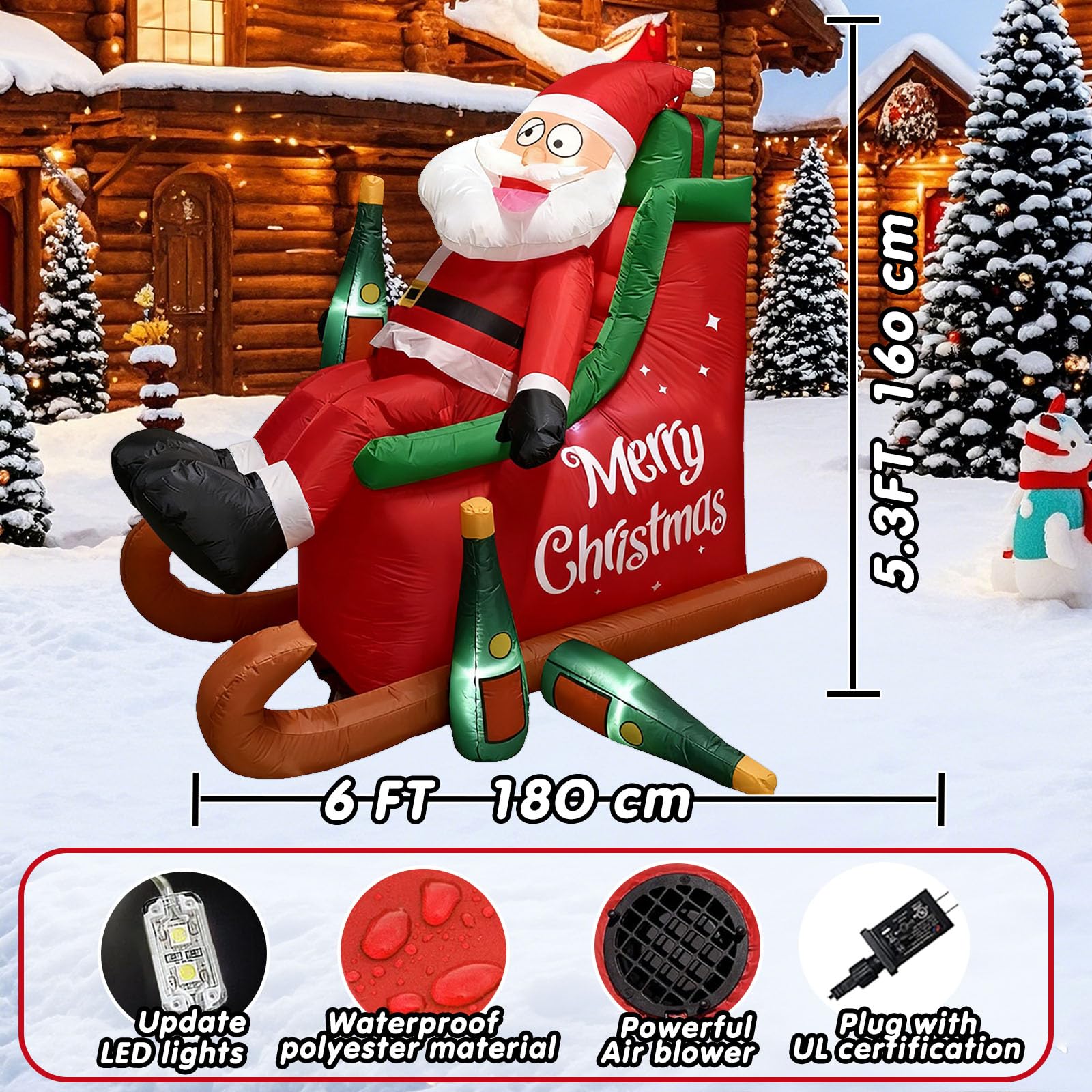 SLEVIO TIMER 6FT Christmas Inflatable Santa Decoration with LED Lights, Waterproof Outdoor Yard Decor, Red, Model RH-100-1500U4-1-25