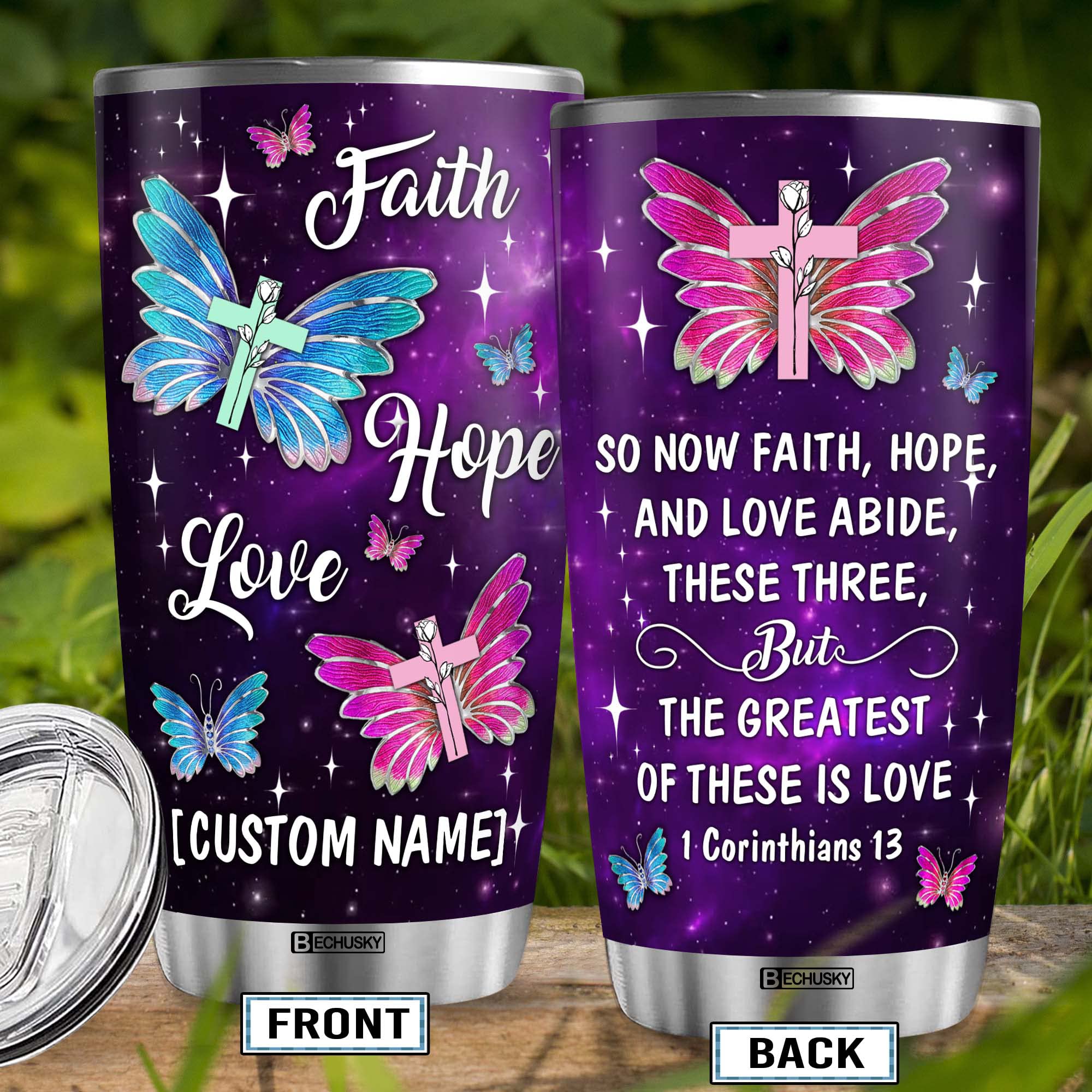 Bechusky Personalized Christian Tumbler, Christian Gift For Wonen, Butterfly Faith Hope Love Mug, Custom Name Bible Verse Christ