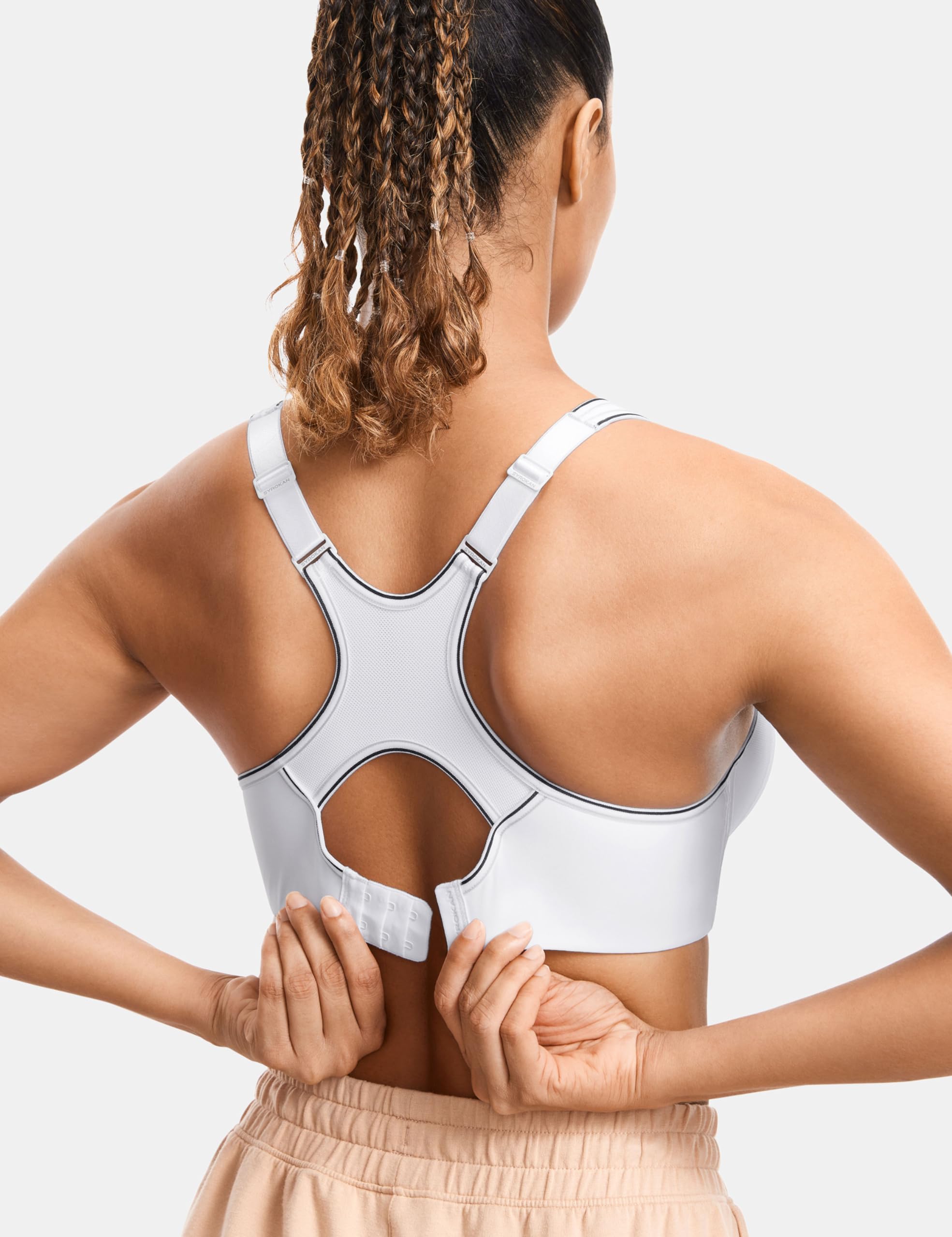 SYROKAN Women's High Impact Racerback Underwire Sports Bra, Lightly Lined, Size 36B, White, Mesh Material