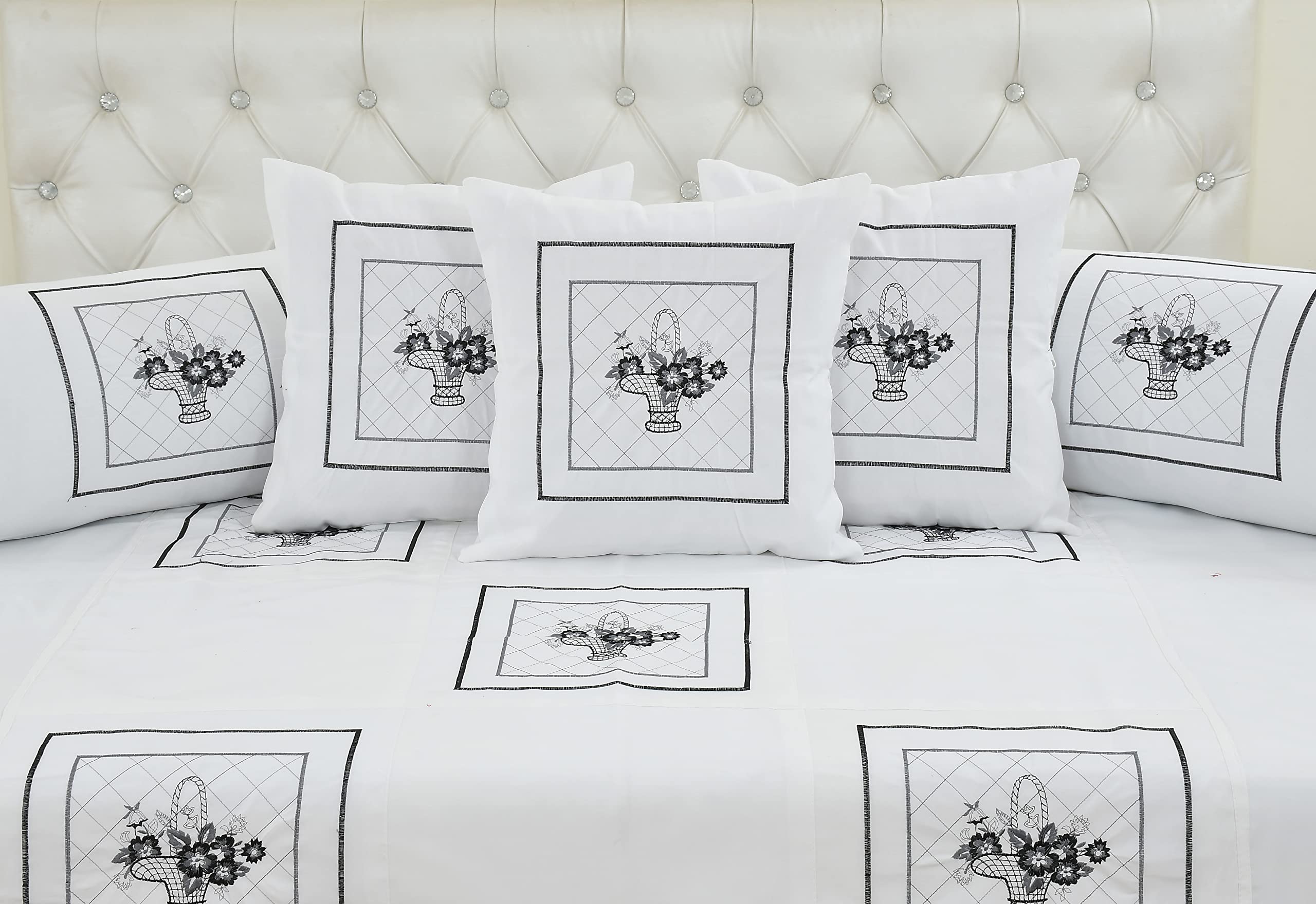 Rj Products Microfiber Royal Embroided Diwan Set Of 8 Pieces White Color, Bedsheet