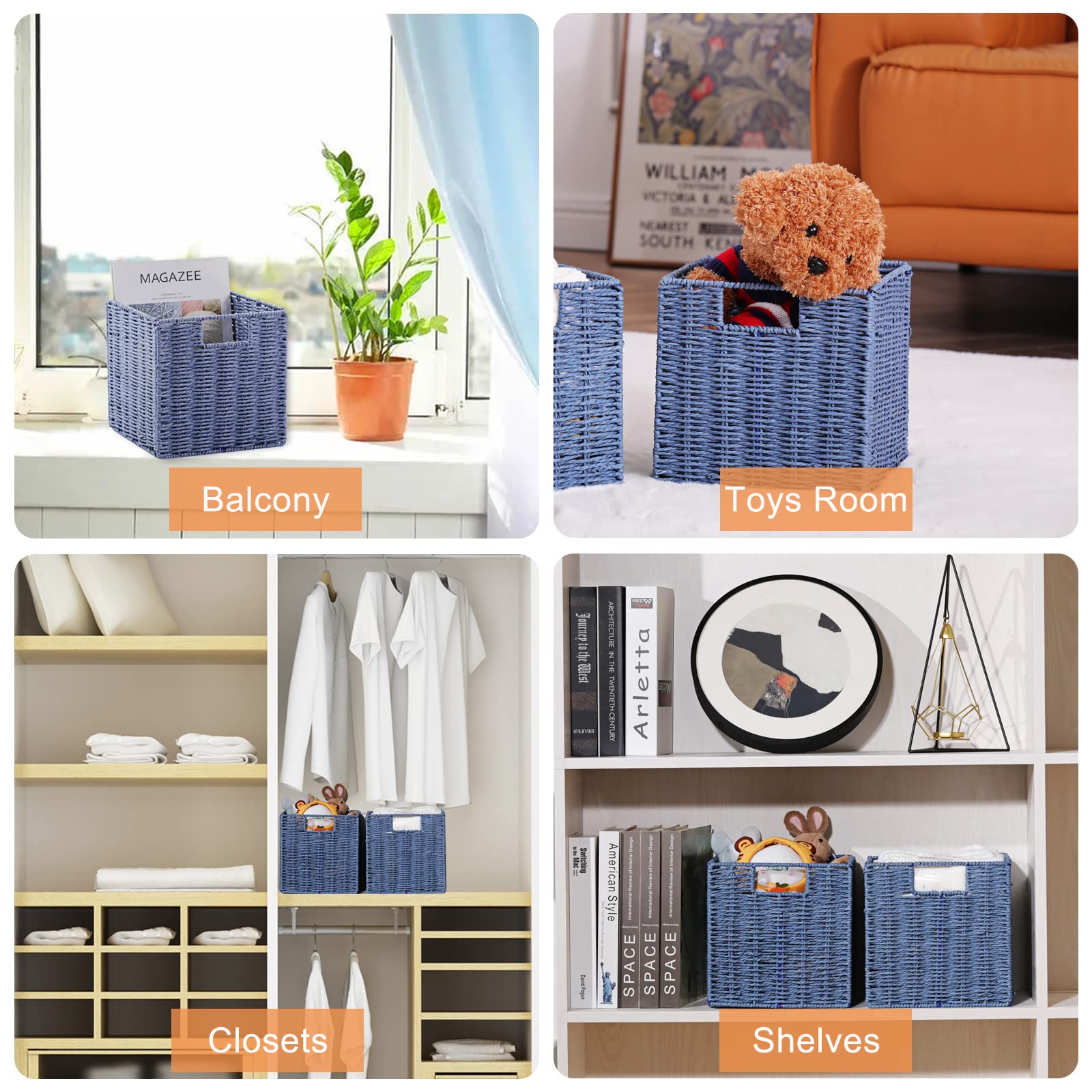 Vagusicc Wicker Storage Basket, Set Of 2 Handwoven Paper Rope Collapsible Woven Baskets, 9'' X 9'' X 9'' Cube Storage Bins With