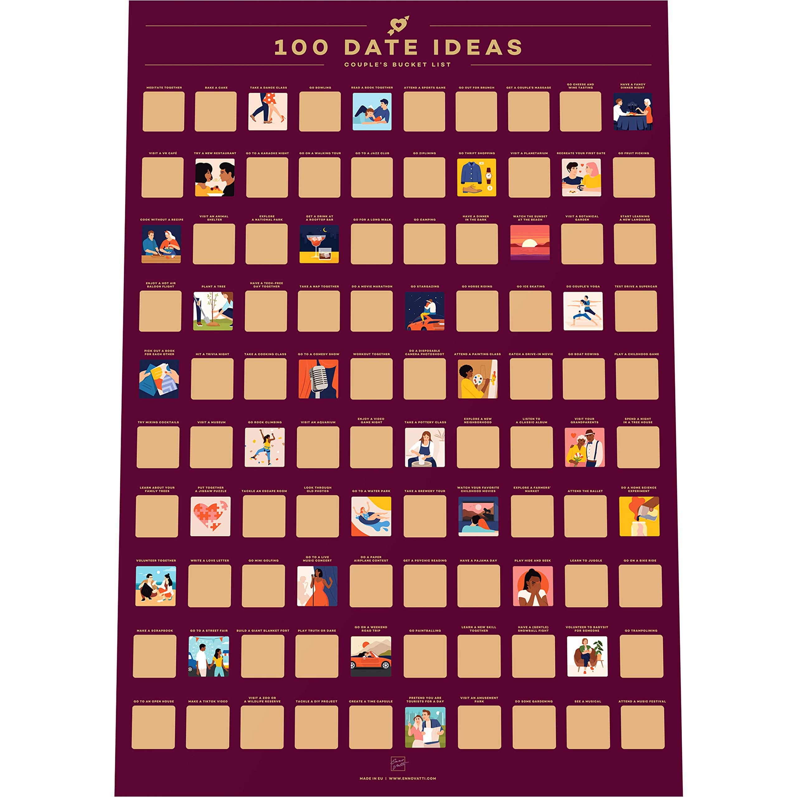 Enno Vatti 100 Dates Scratch Off Poster - Perfect Couple Gift With Fun Date Ideas - 6.5'' X 23.4'' - Lovely Engagement Or Valent